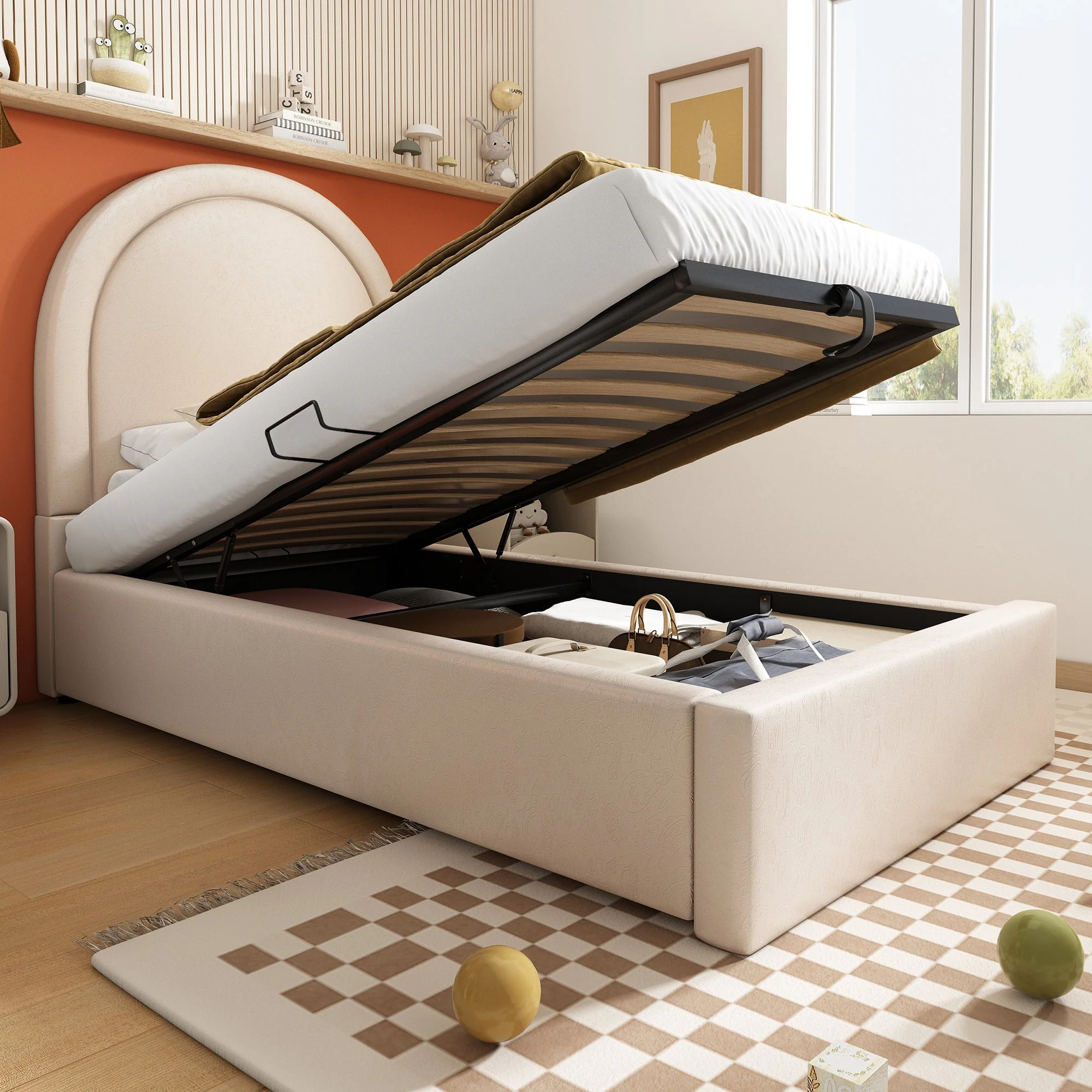 Upholstered Children's Bed, Single with Cosmic Pattern, Beige PU - Image 9