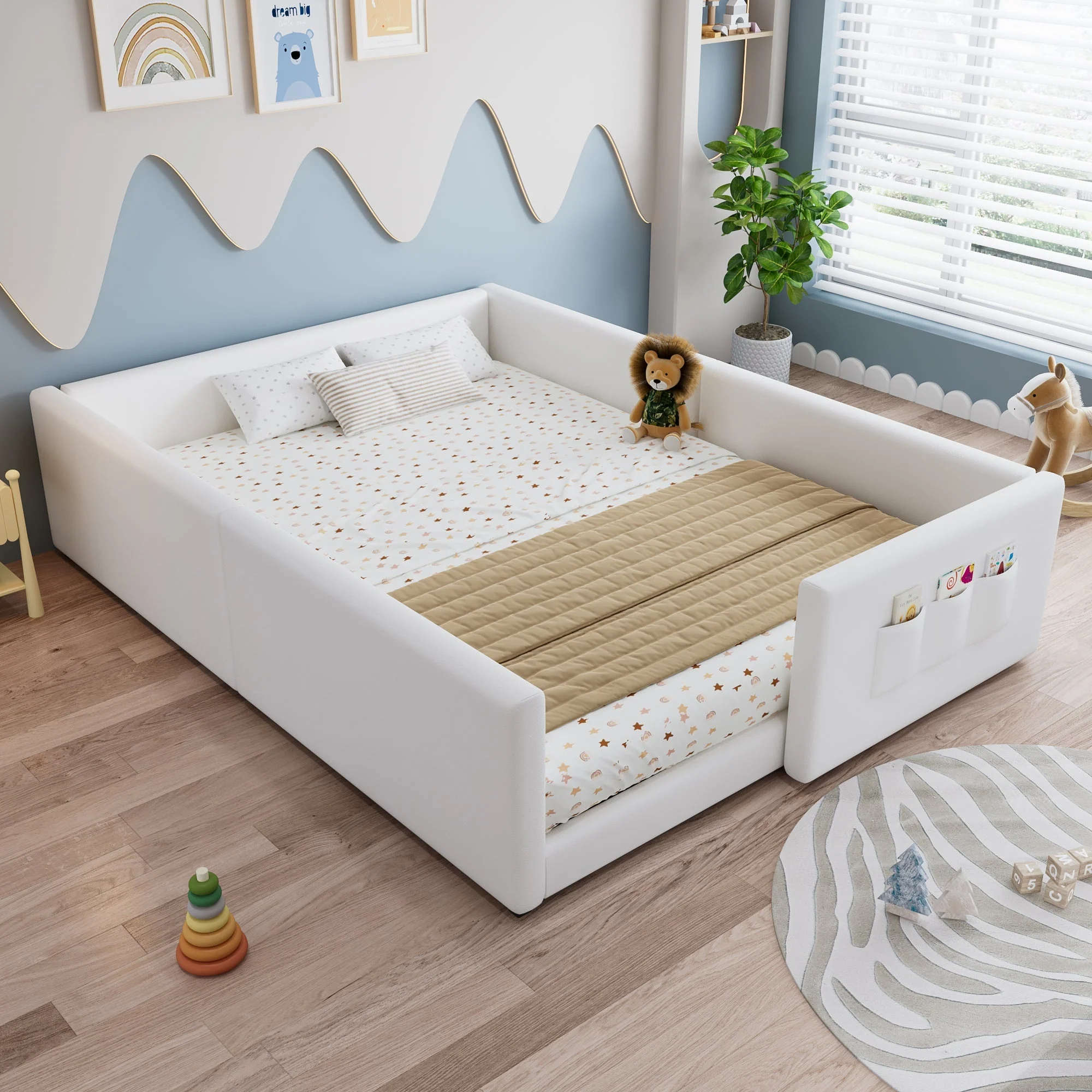 Upholstered Children's Bed with 3 Storage Pockets and Framed Design, 140x200cm, White PU Plywood - Image 2