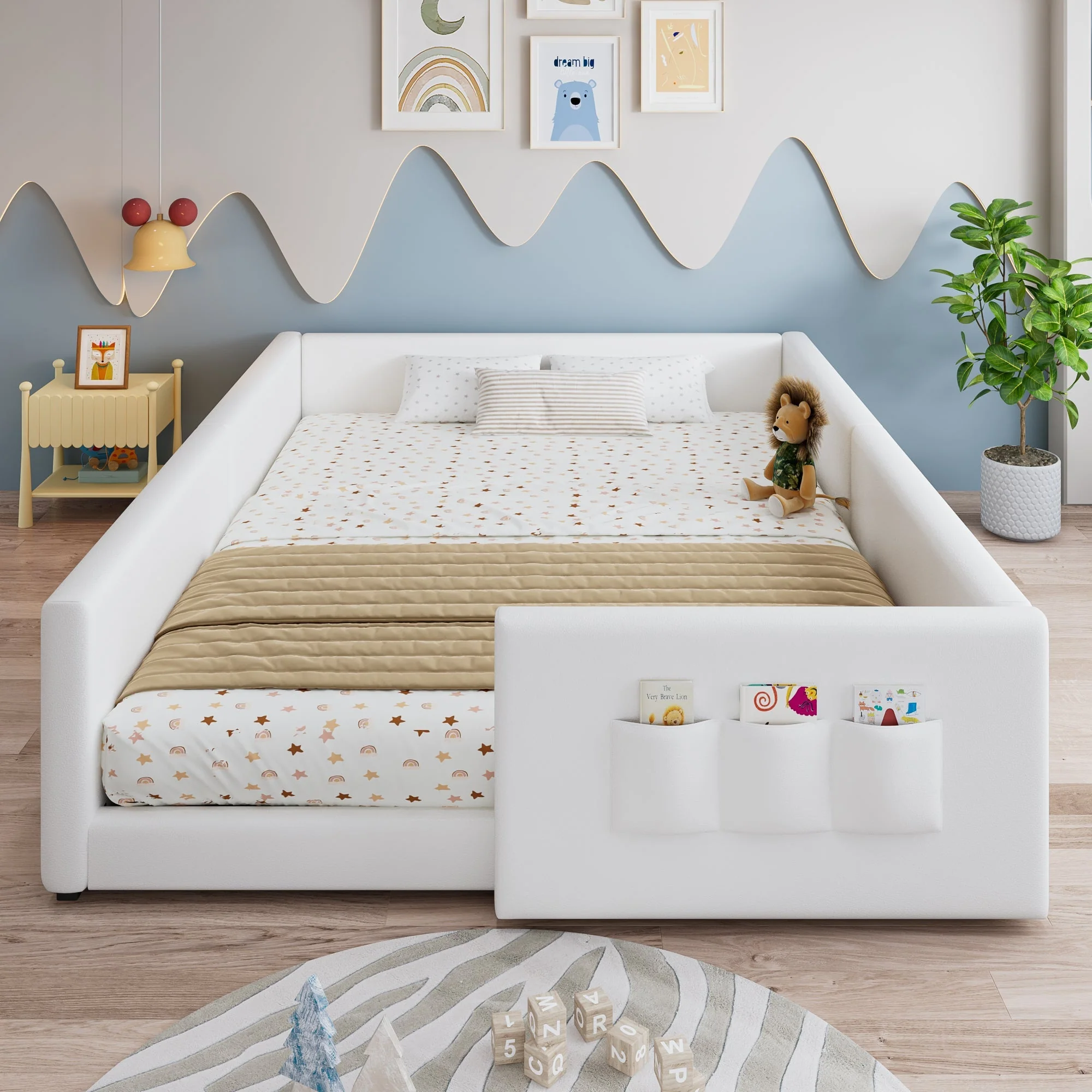 Upholstered Children's Bed with 3 Storage Pockets and Framed Design, 140x200cm, White PU Plywood - Image 3