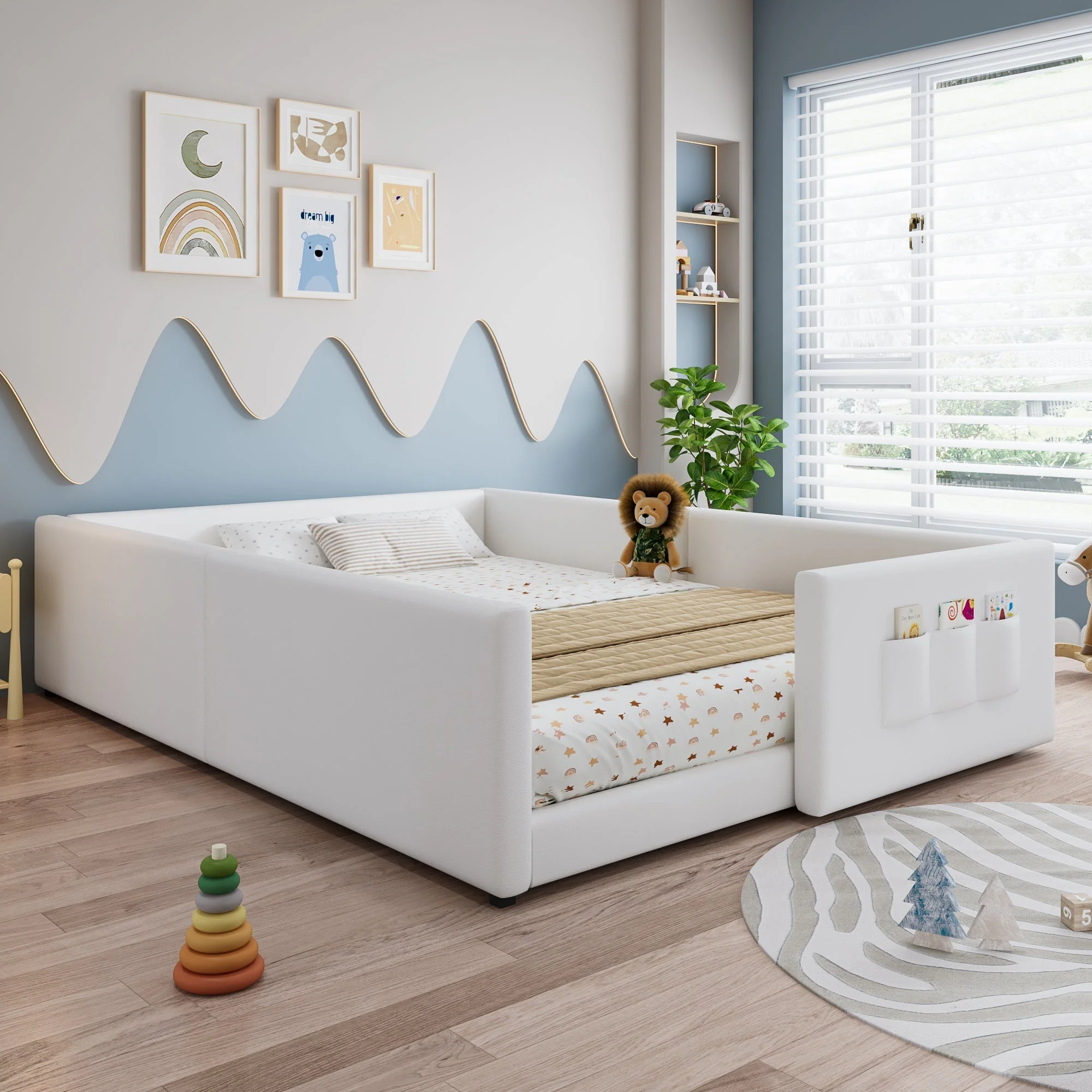 Upholstered Children's Bed with 3 Storage Pockets and Framed Design, 140x200cm, White PU Plywood - Image 4