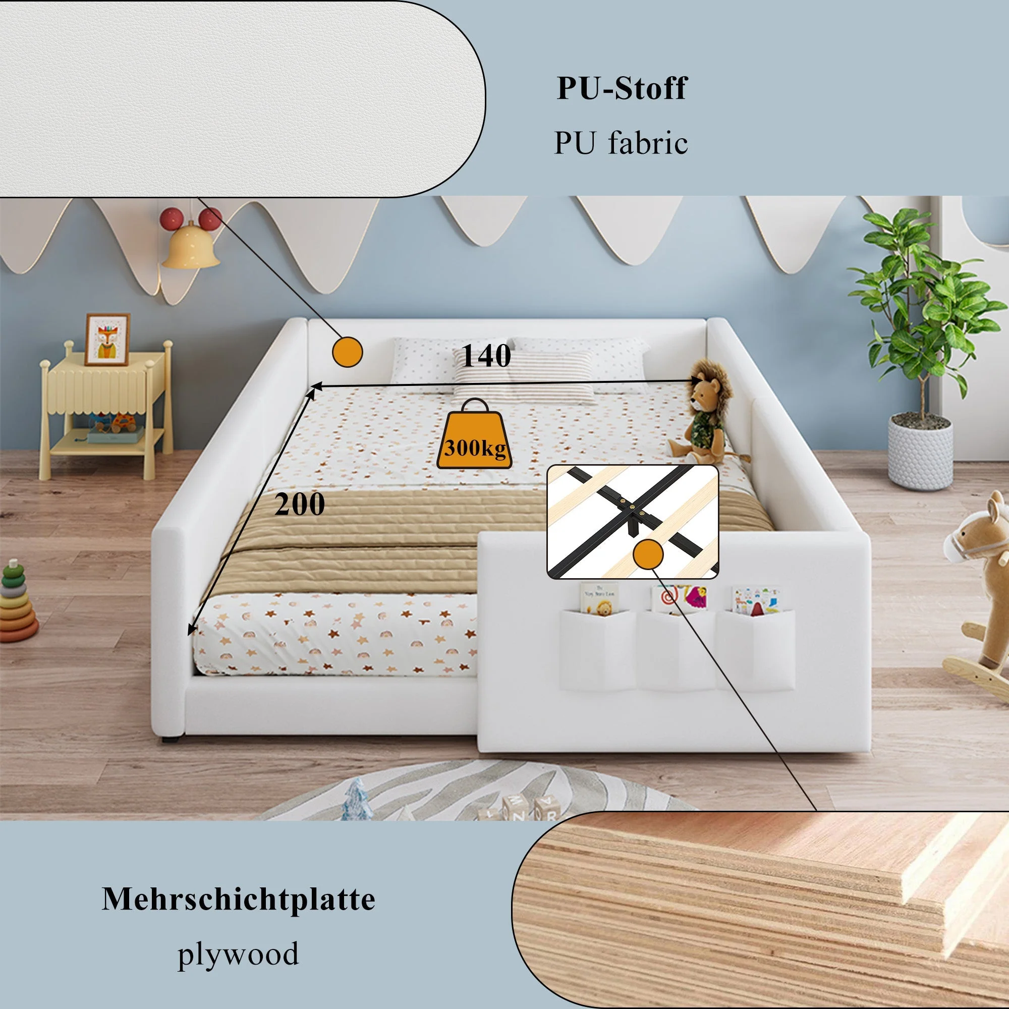 Upholstered Children's Bed with 3 Storage Pockets and Framed Design, 140x200cm, White PU Plywood - Image 6
