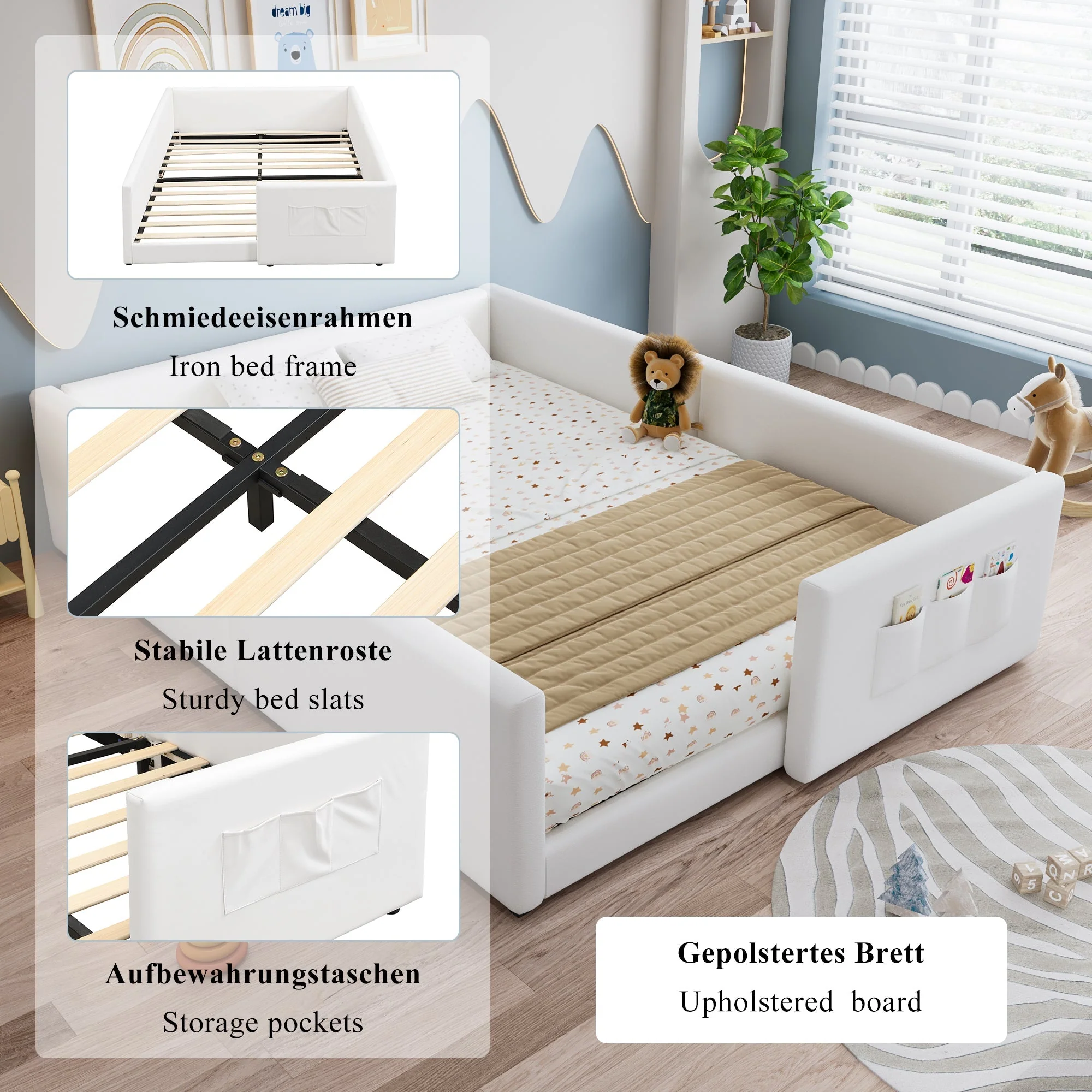 Upholstered Children's Bed with 3 Storage Pockets and Framed Design, 140x200cm, White PU Plywood - Image 7