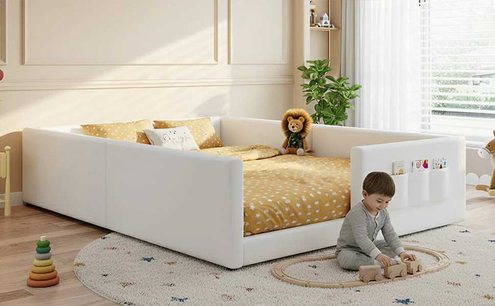 Upholstered Children's Bed with 3 Storage Pockets and Framed Design, 140x200cm, White PU Plywood - Image 9