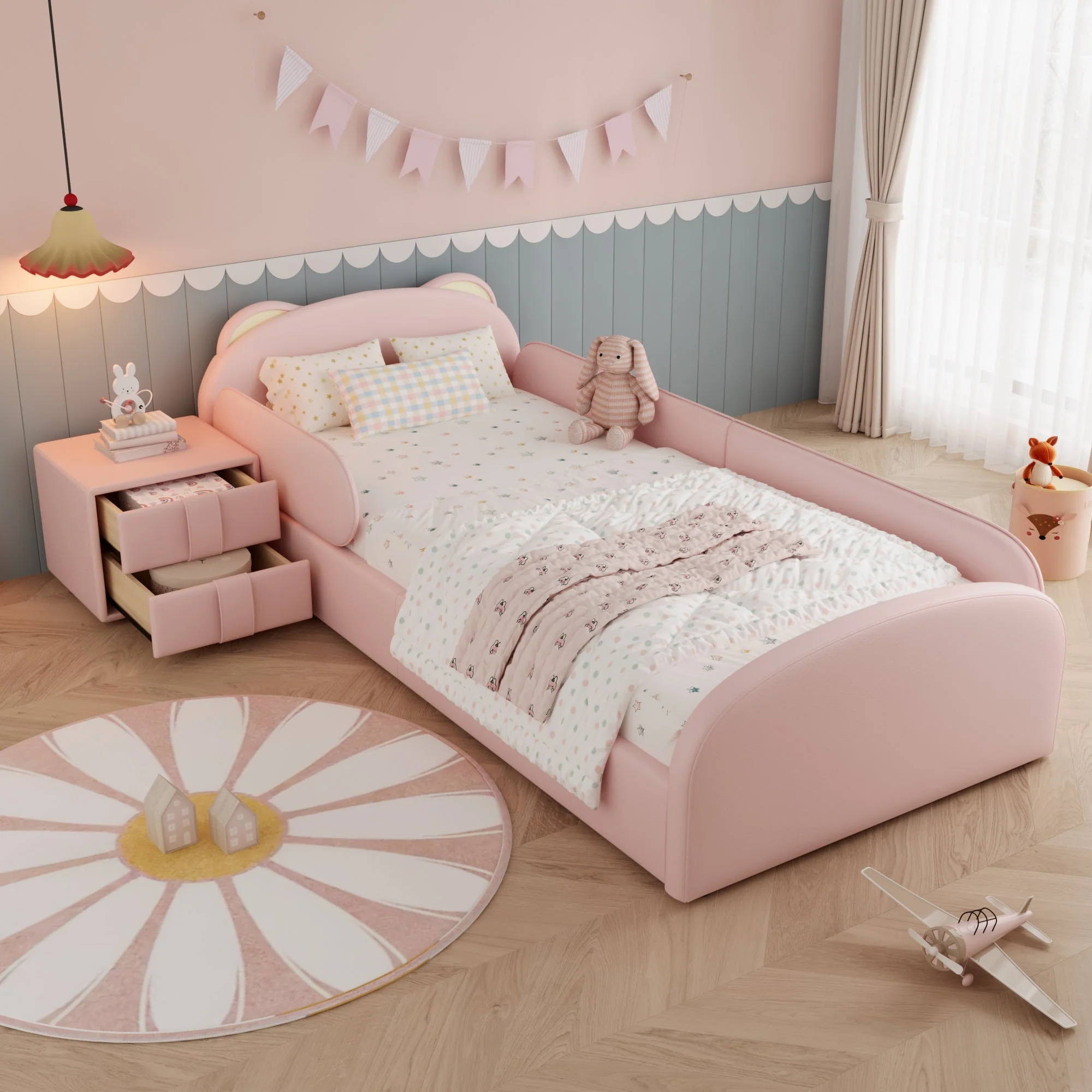 Upholstered Children's Bed with Bear-Shaped Headboard and Matching Bedside Table, 90x200cm, Pink Velvet