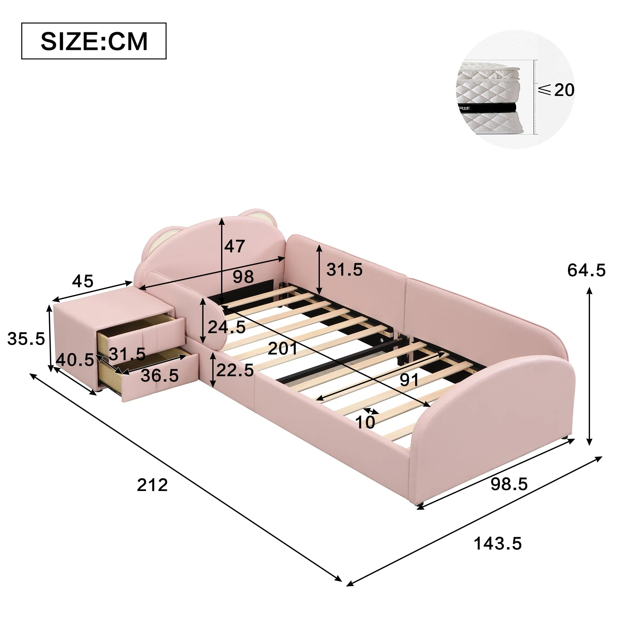 Upholstered Children's Bed with Bear-Shaped Headboard and Matching Bedside Table, 90x200cm, Pink Velvet - Image 5