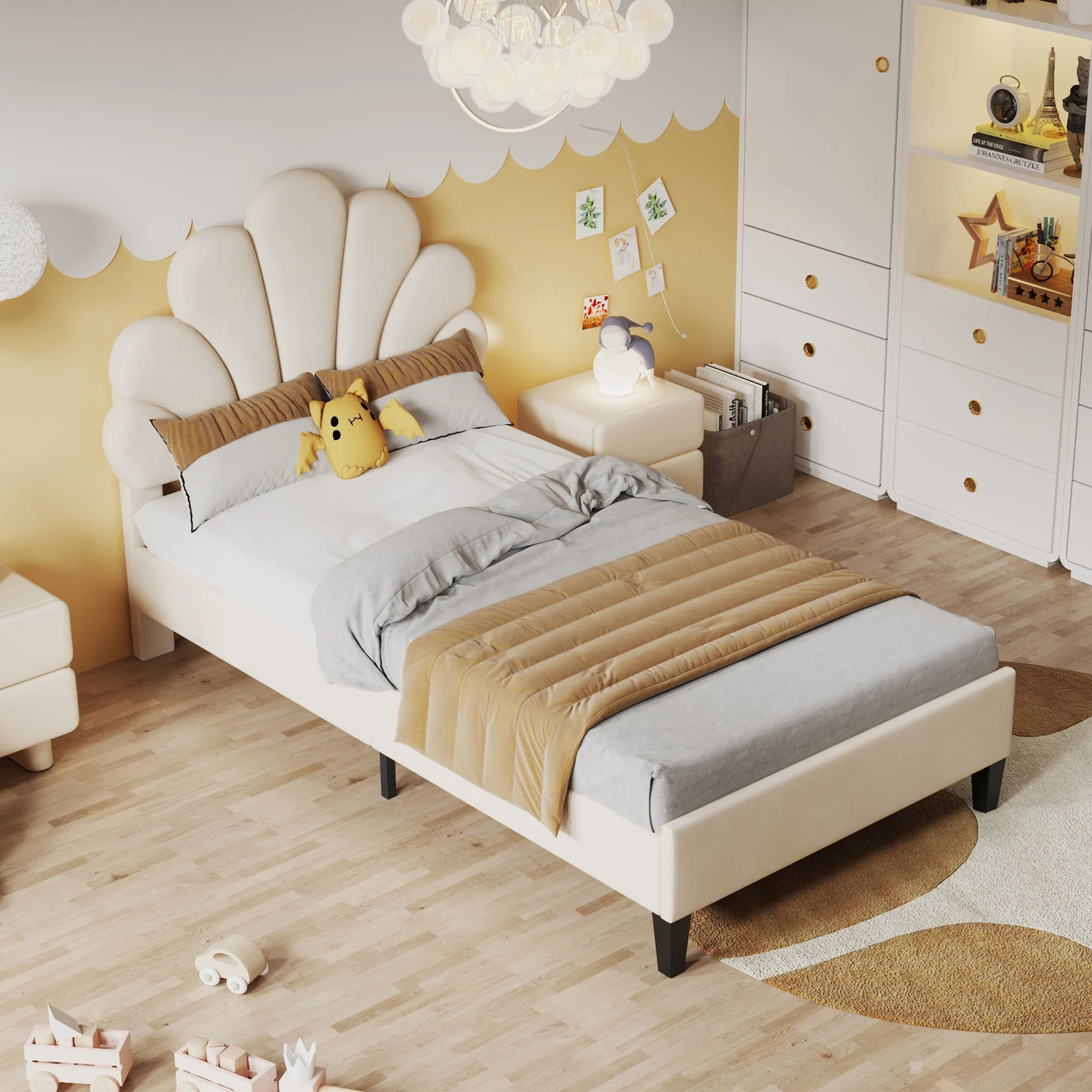 Upholstered Children's Bed with Flower Headboard and Slatted Frame, Velvet Fabric, Beige - Image 3