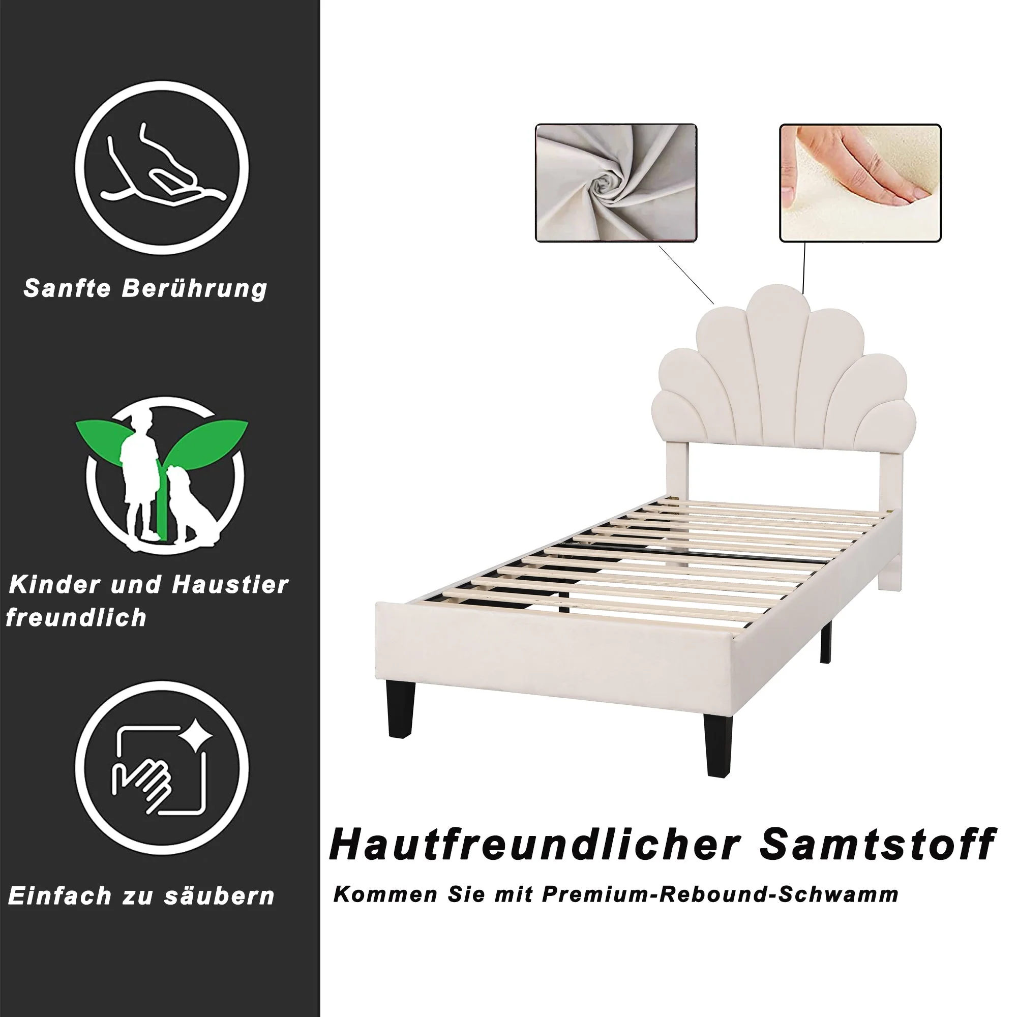 Upholstered Children's Bed with Flower Headboard and Slatted Frame, Velvet Fabric, Beige - Image 4