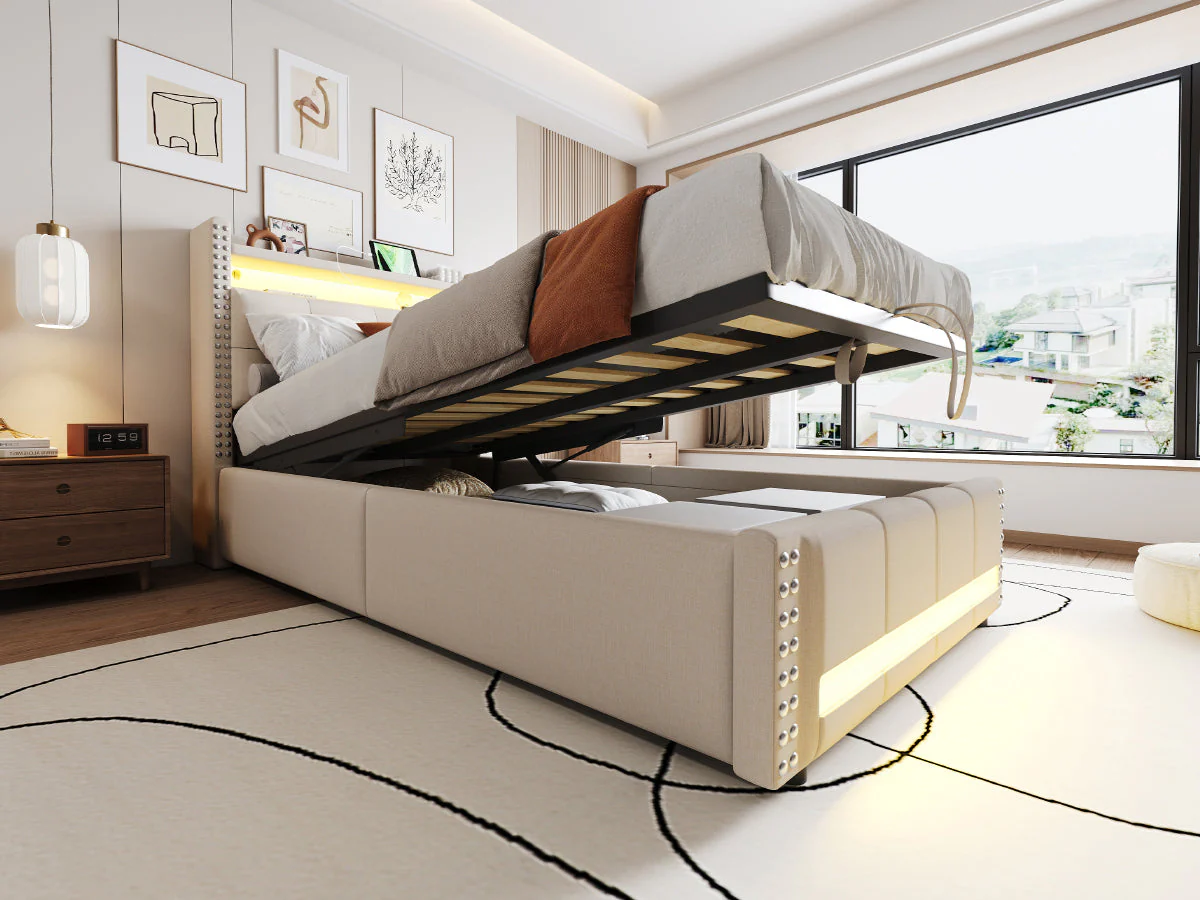 Upholstered Children's Bed with LED, USB, Storage, 90x200cm, Linen Fabric Beige - Image 7