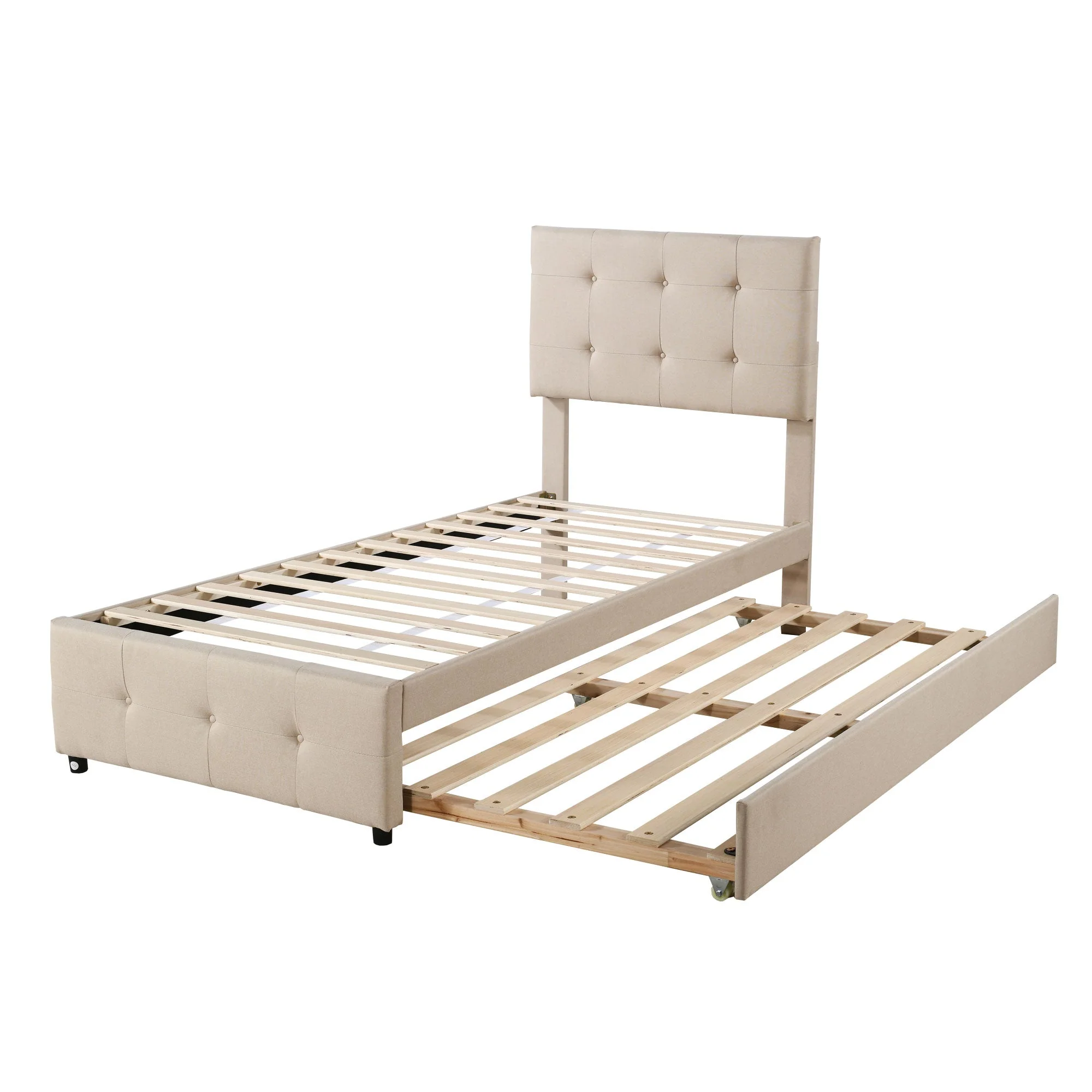 Upholstered Children's Bed with Pull-out Trundle and Height-Adjustable Headboard, Beige/Grey Linen Fabric