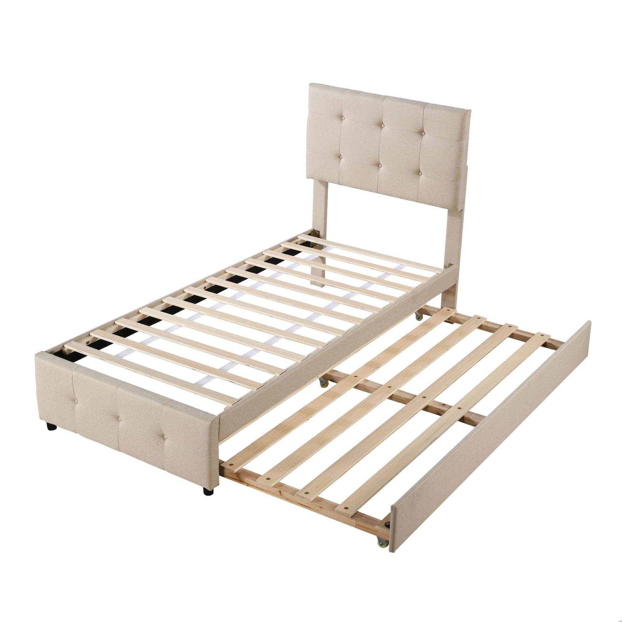 Upholstered Children's Bed with Pull-out Trundle and Height-Adjustable Headboard, Beige/Grey Linen Fabric - Image 3