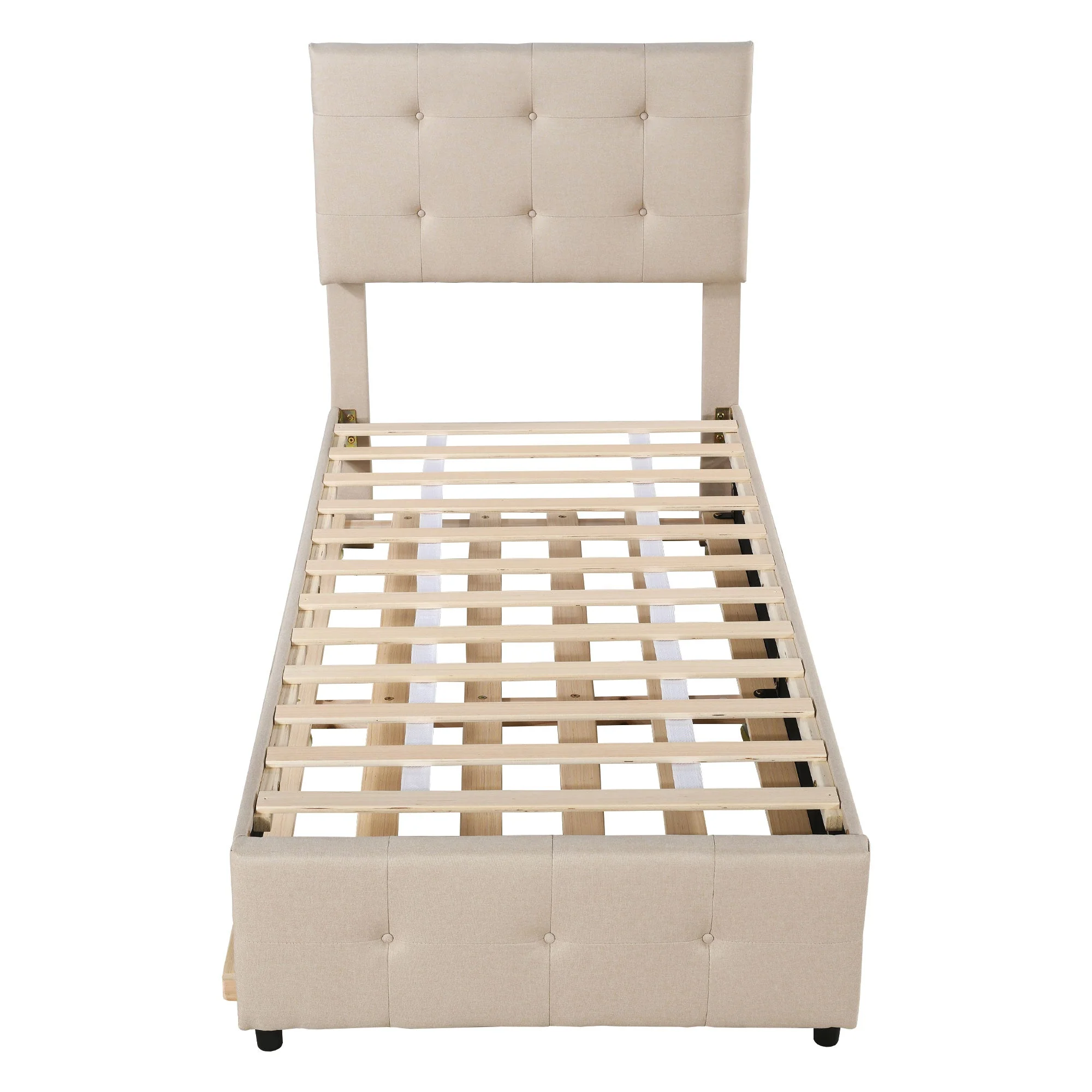 Upholstered Children's Bed with Pull-out Trundle and Height-Adjustable Headboard, Beige/Grey Linen Fabric - Image 4