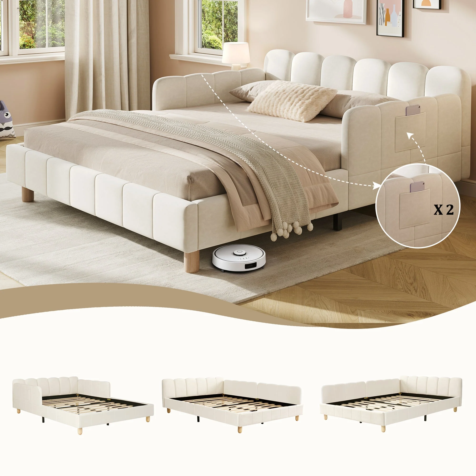 Upholstered Children's Bed with Safety Rail and Solid Wood Legs, 140x200cm, Beige Velvet