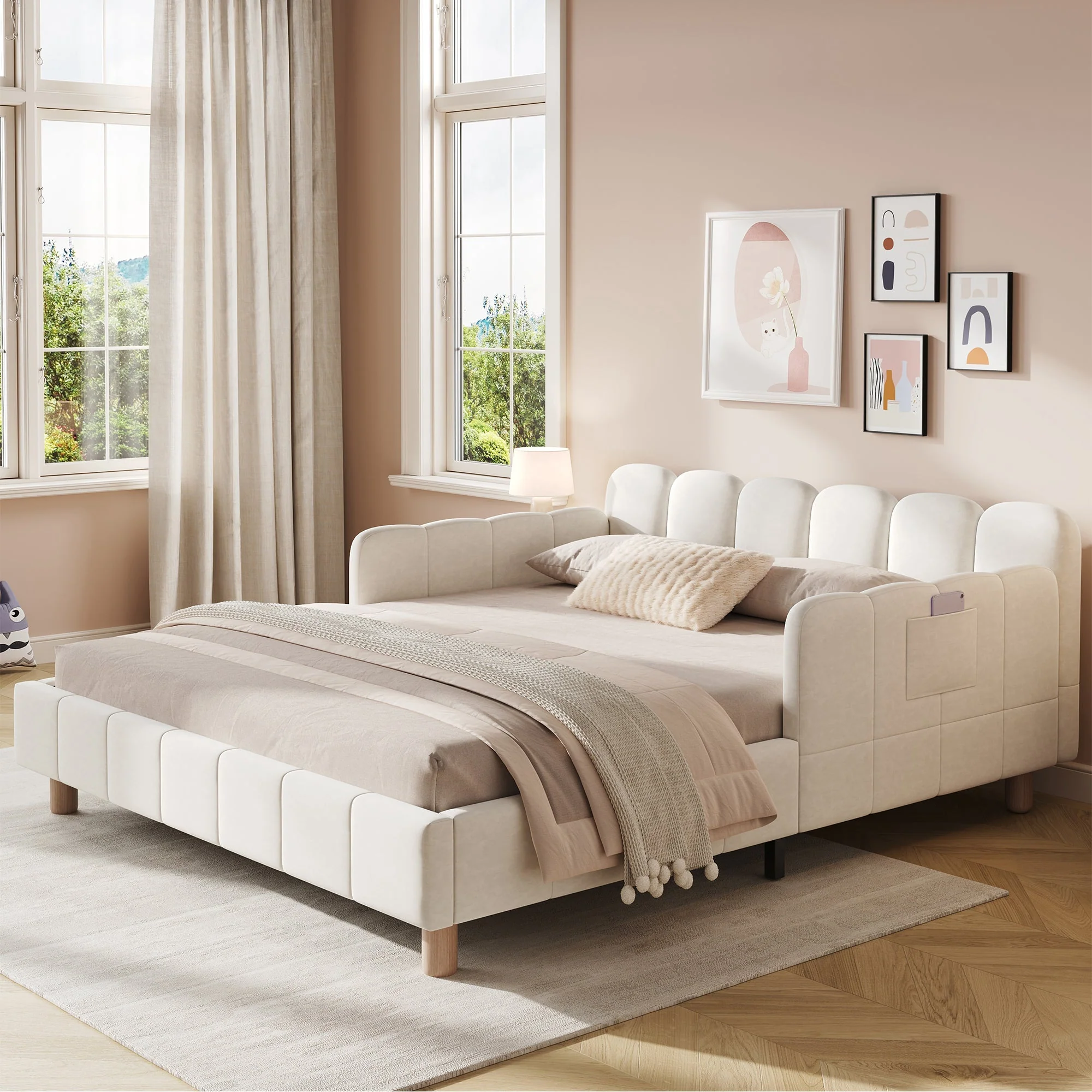 Upholstered Children's Bed with Safety Rail and Solid Wood Legs, 140x200cm, Beige Velvet - Image 2