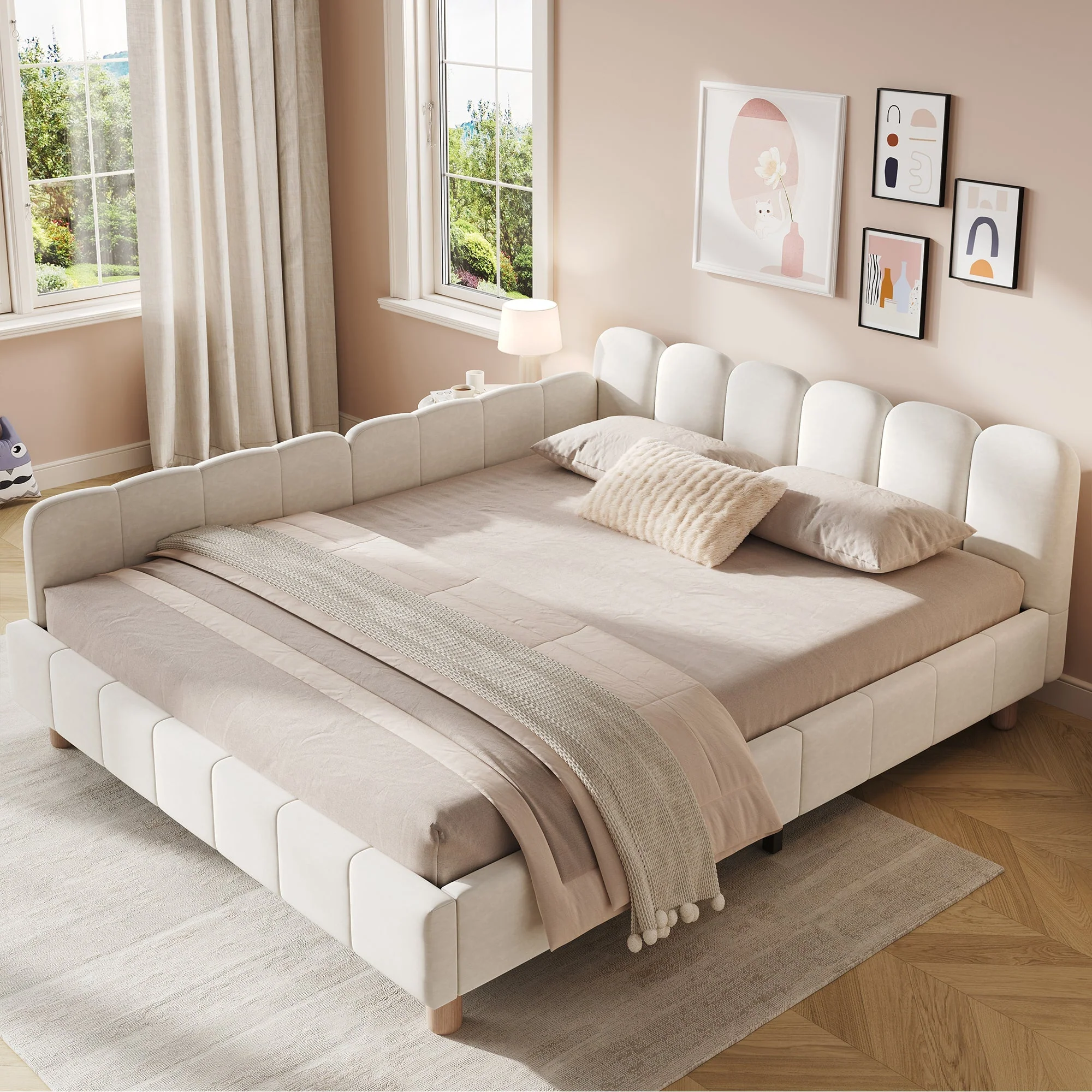 Upholstered Children's Bed with Safety Rail and Solid Wood Legs, 140x200cm, Beige Velvet - Image 3