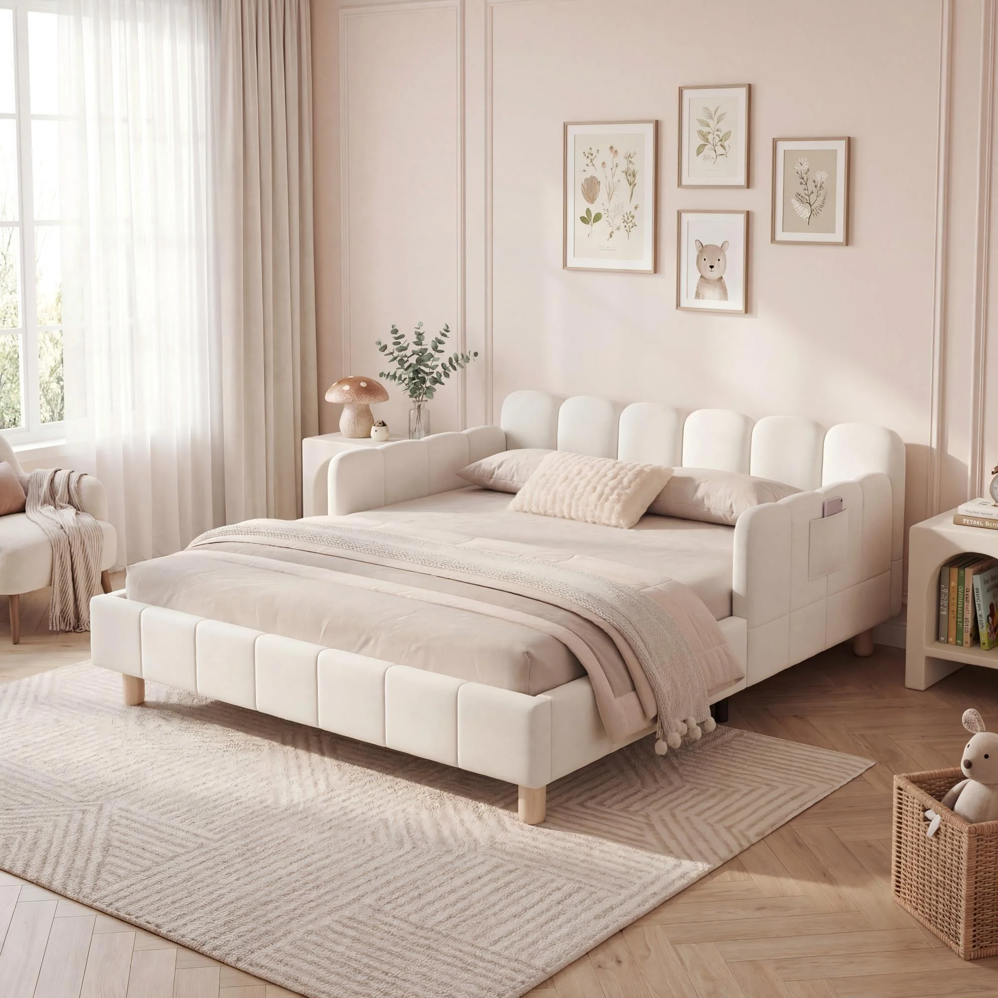 Upholstered Children's Bed with Safety Rail and Solid Wood Legs, 140x200cm, Beige Velvet - Image 4