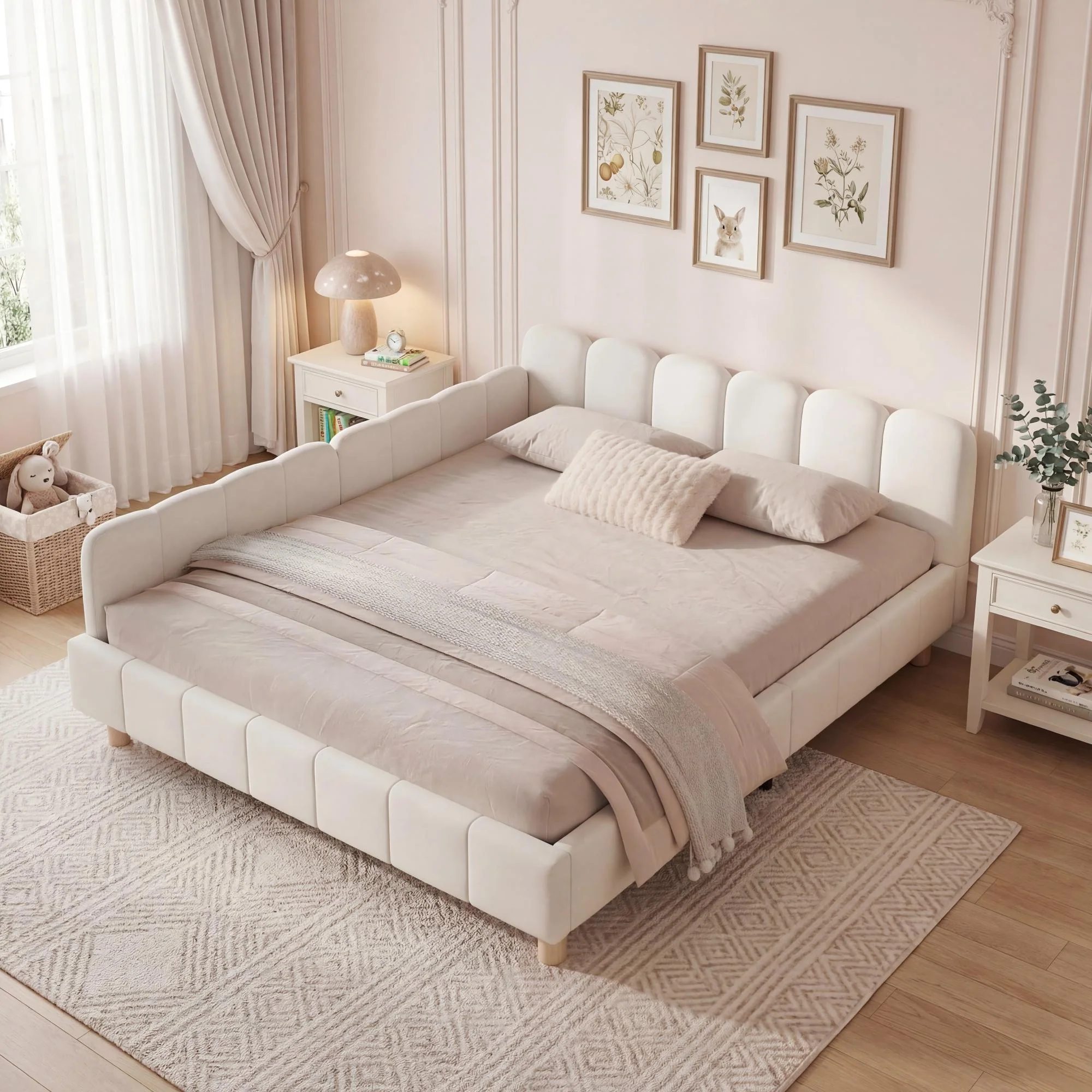 Upholstered Children's Bed with Safety Rail and Solid Wood Legs, 140x200cm, Beige Velvet - Image 5