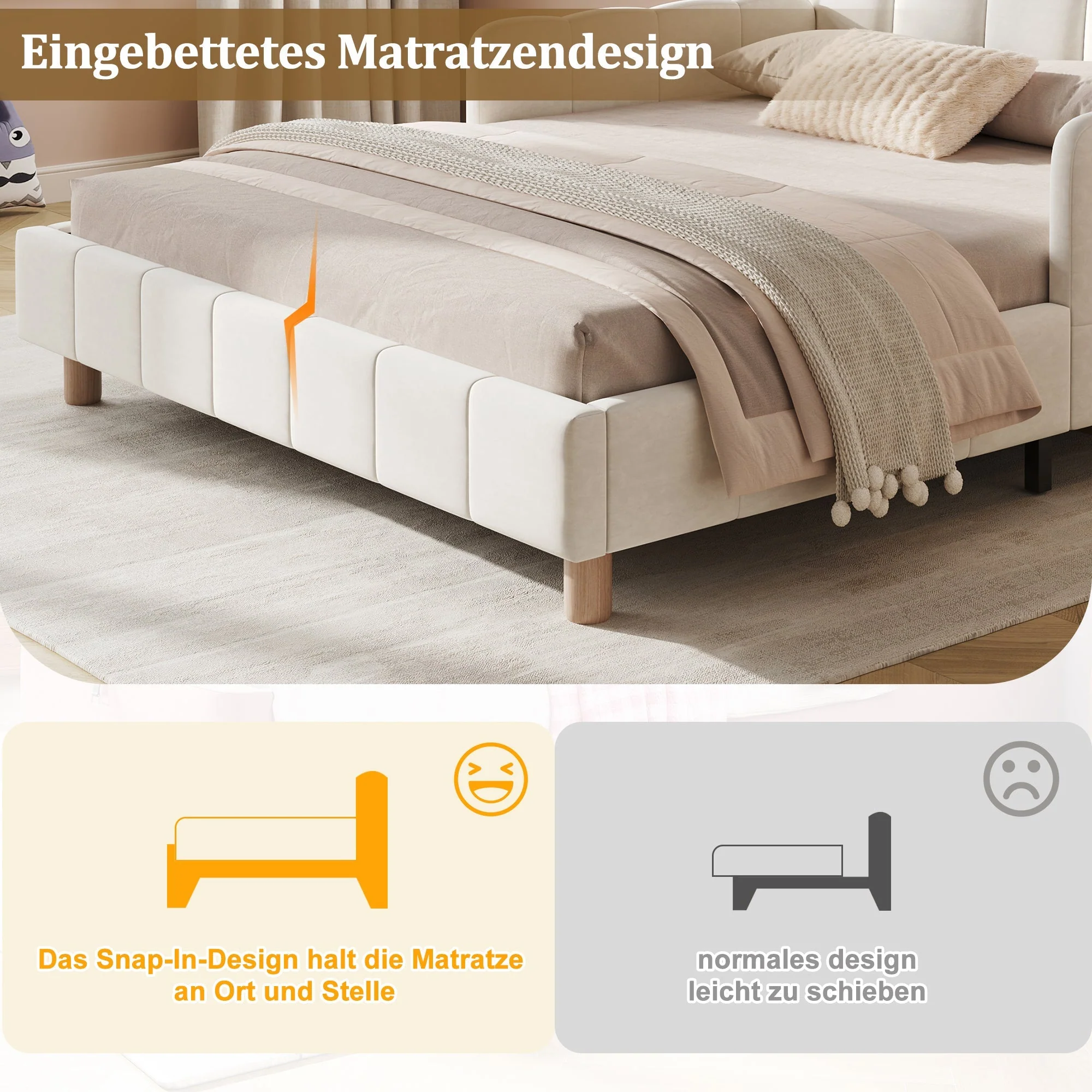 Upholstered Children's Bed with Safety Rail and Solid Wood Legs, 140x200cm, Beige Velvet - Image 6