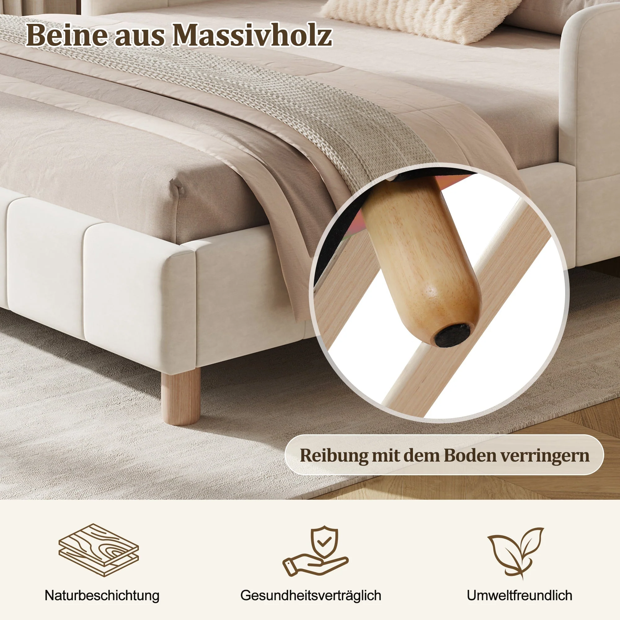 Upholstered Children's Bed with Safety Rail and Solid Wood Legs, 140x200cm, Beige Velvet - Image 7
