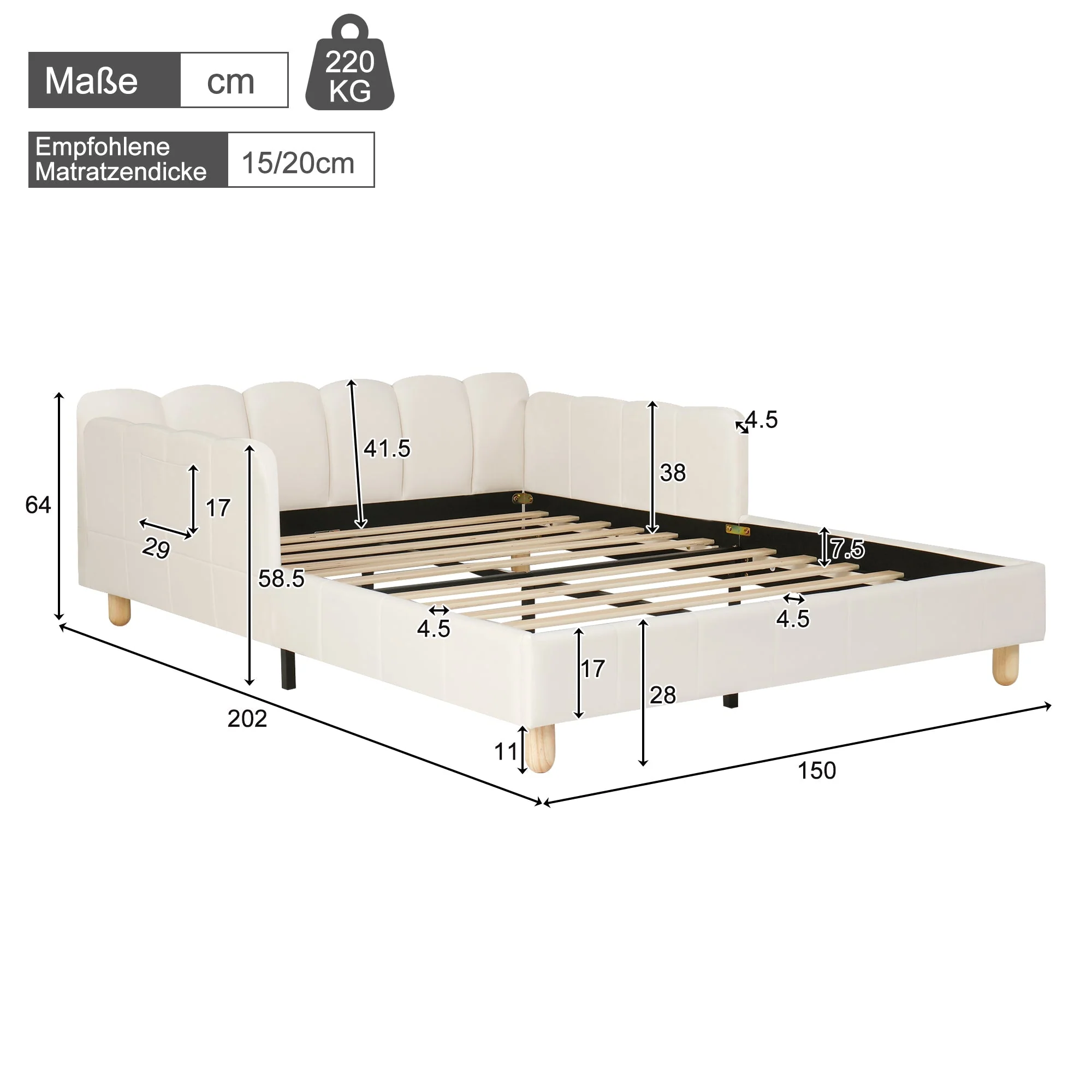 Upholstered Children's Bed with Tufted Headboard and Safety Rail, 140x190cm, Beige Velvet - Image 8