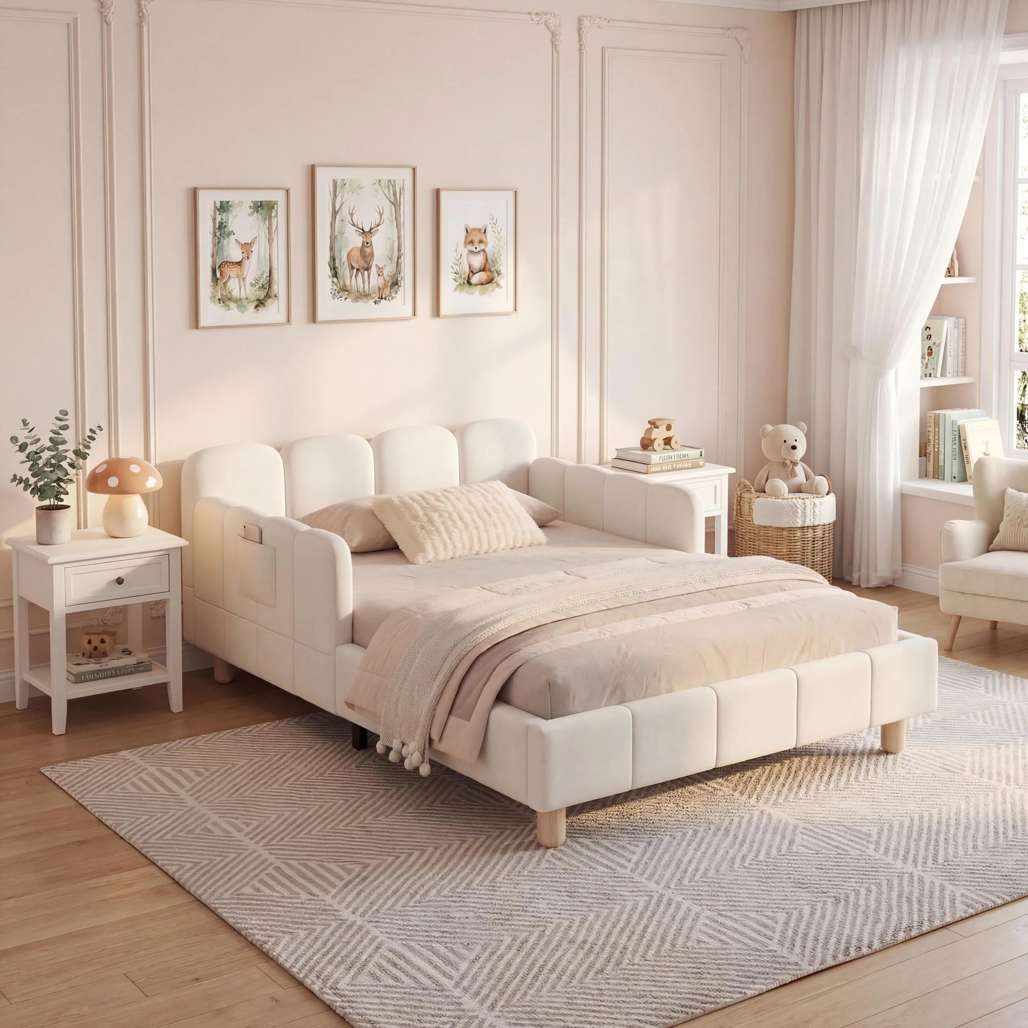 Upholstered Children's Single Bed with Headboard and Safety Rail, 90x200cm, Beige Velvet - Image 4