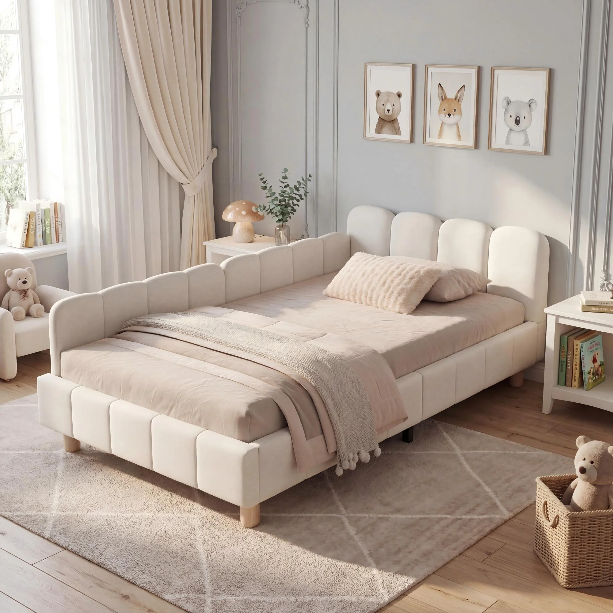 Upholstered Children's Single Bed with Headboard and Safety Rail, 90x200cm, Beige Velvet - Image 5