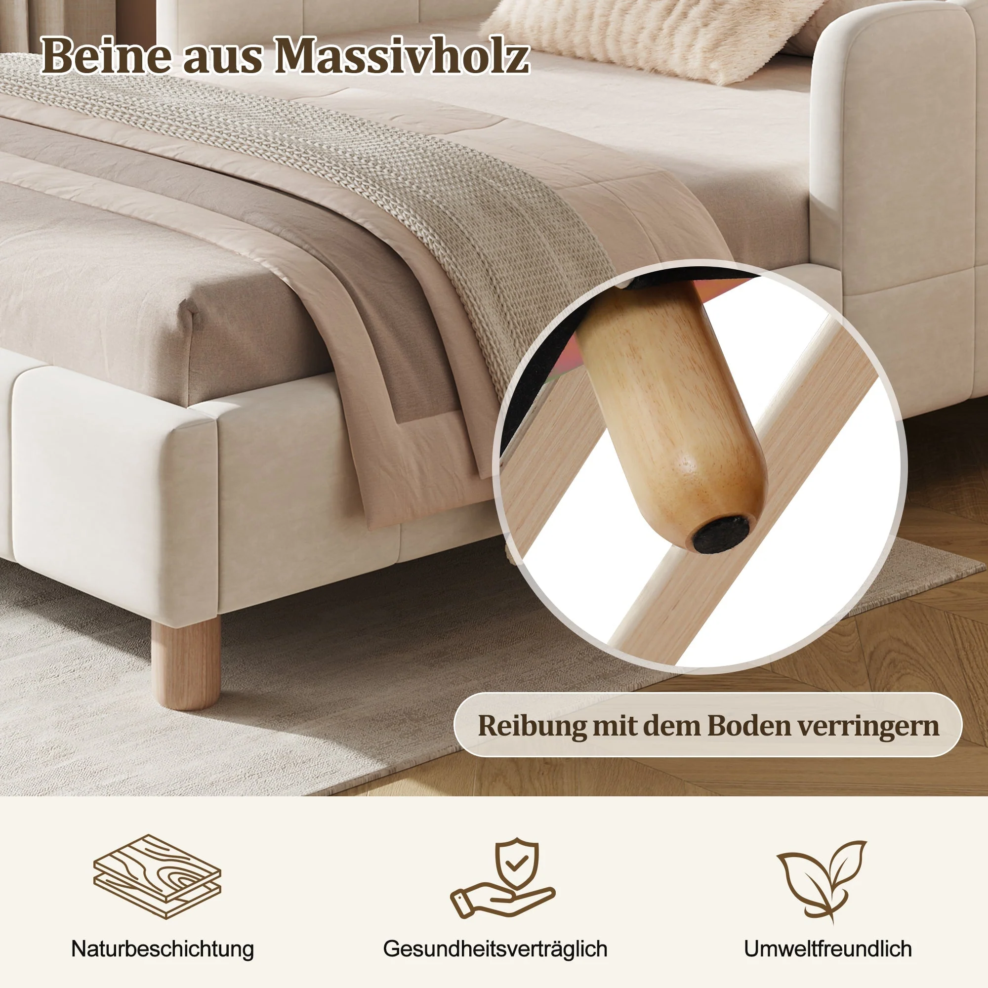 Upholstered Children's Single Bed with Headboard and Safety Rail, 90x200cm, Beige Velvet - Image 7