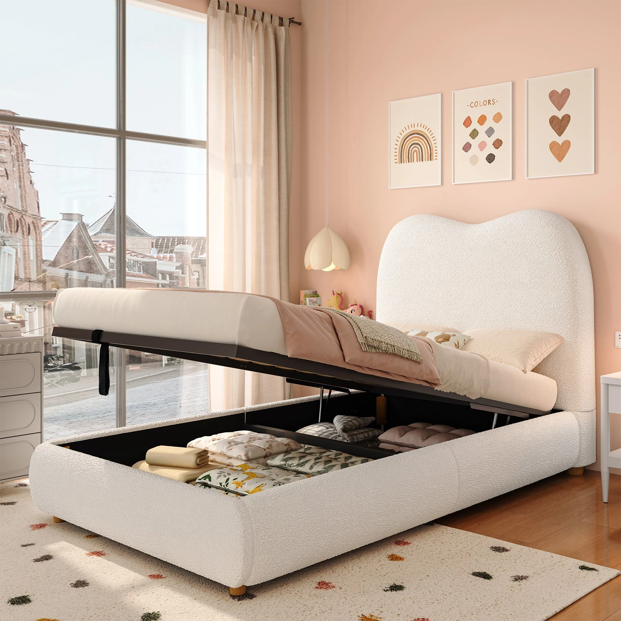 Upholstered Children's Single Bed with Hydraulic Storage and Slatted Frame, 90x200cm, Beige Bouclé