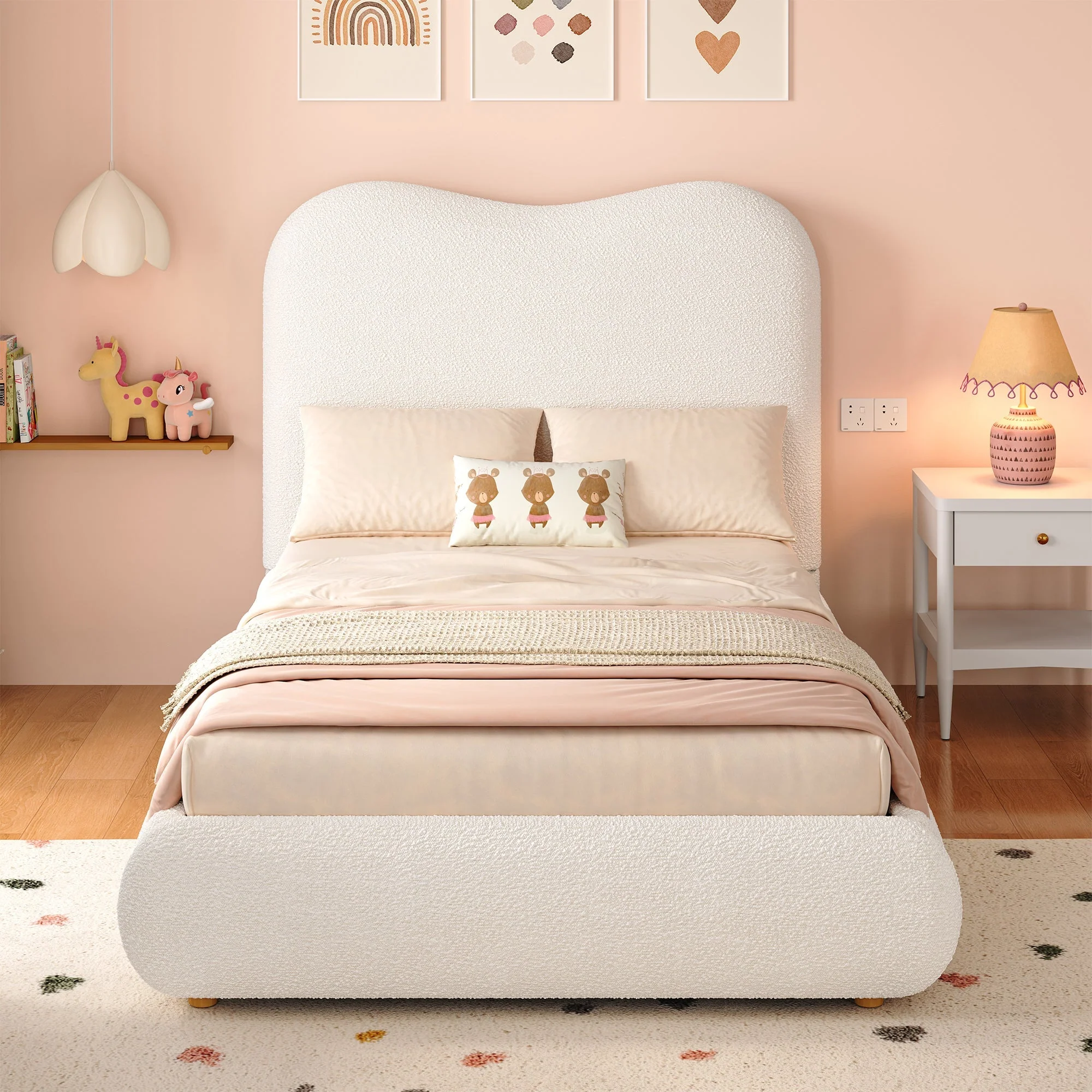 Upholstered Children's Single Bed with Hydraulic Storage and Slatted Frame, 90x200cm, Beige Bouclé - Image 4