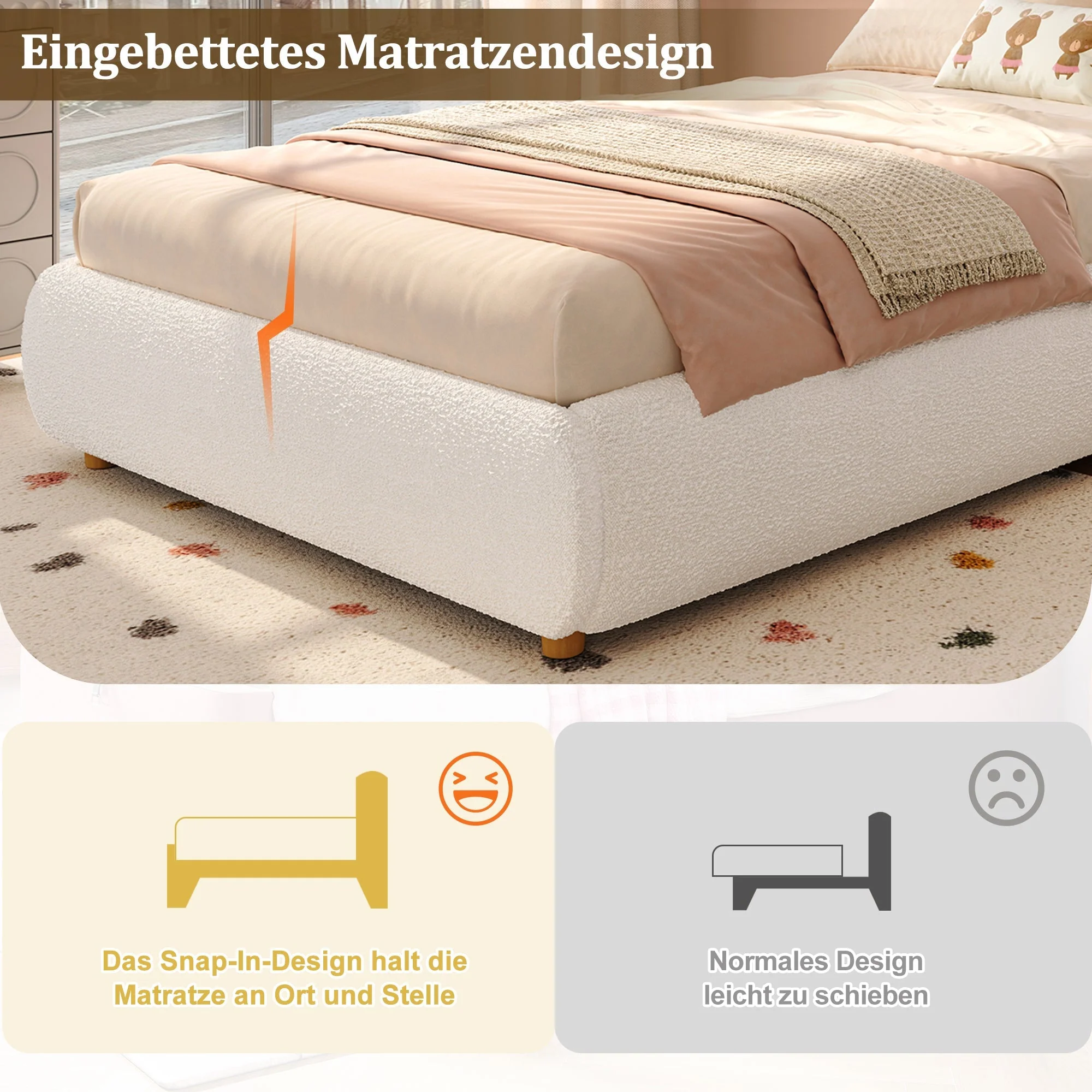 Upholstered Children's Single Bed with Hydraulic Storage and Slatted Frame, 90x200cm, Beige Bouclé - Image 5
