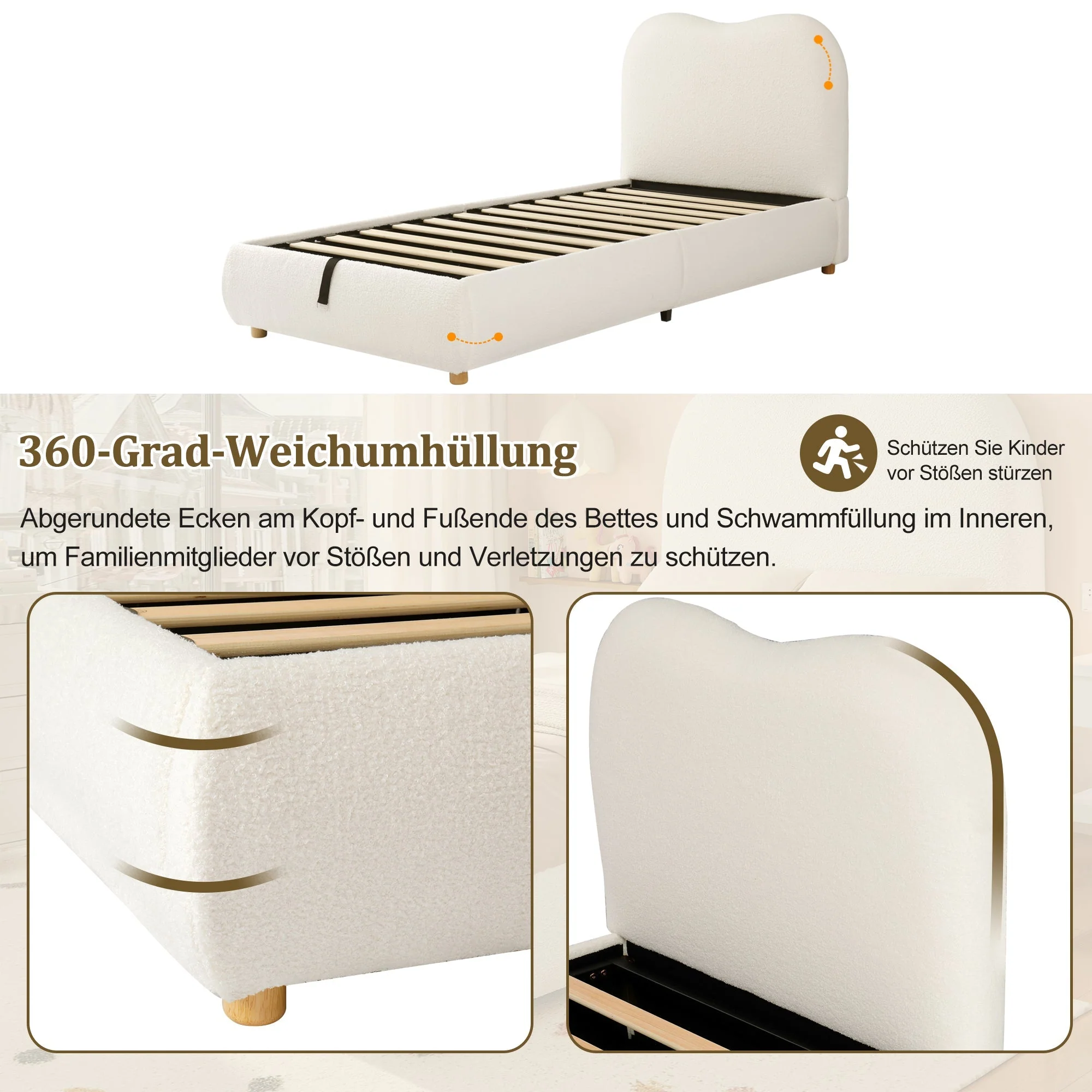 Upholstered Children's Single Bed with Hydraulic Storage and Slatted Frame, 90x200cm, Beige Bouclé - Image 7