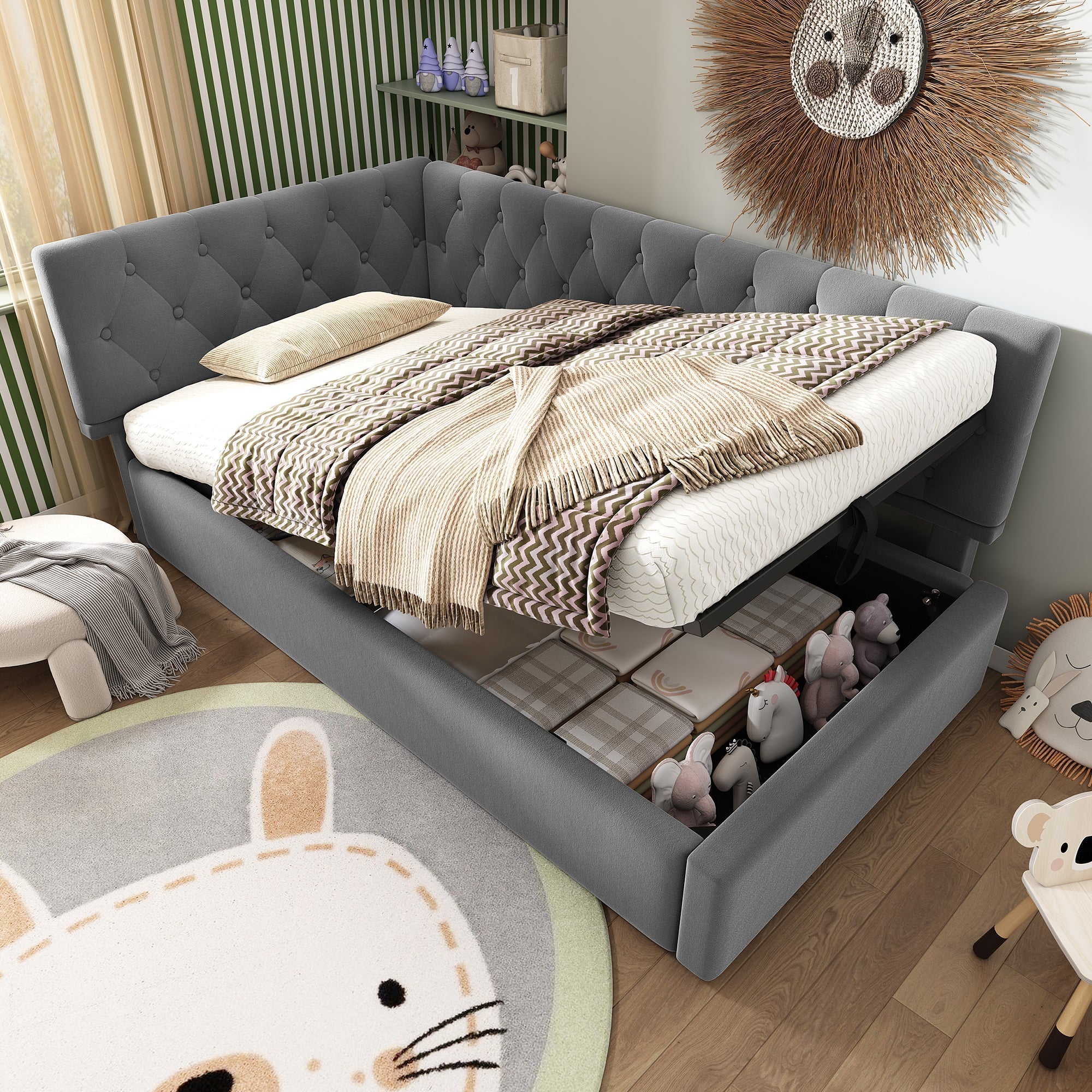 Upholstered Day Bed, 90x200cm Sofa Bed with Hydraulic Storage, Velvet Gray - Image 10