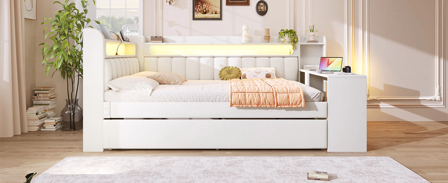Upholstered Daybed 140x200 with USB, LED, Pull-Out Bed and Desk, White - Image 10