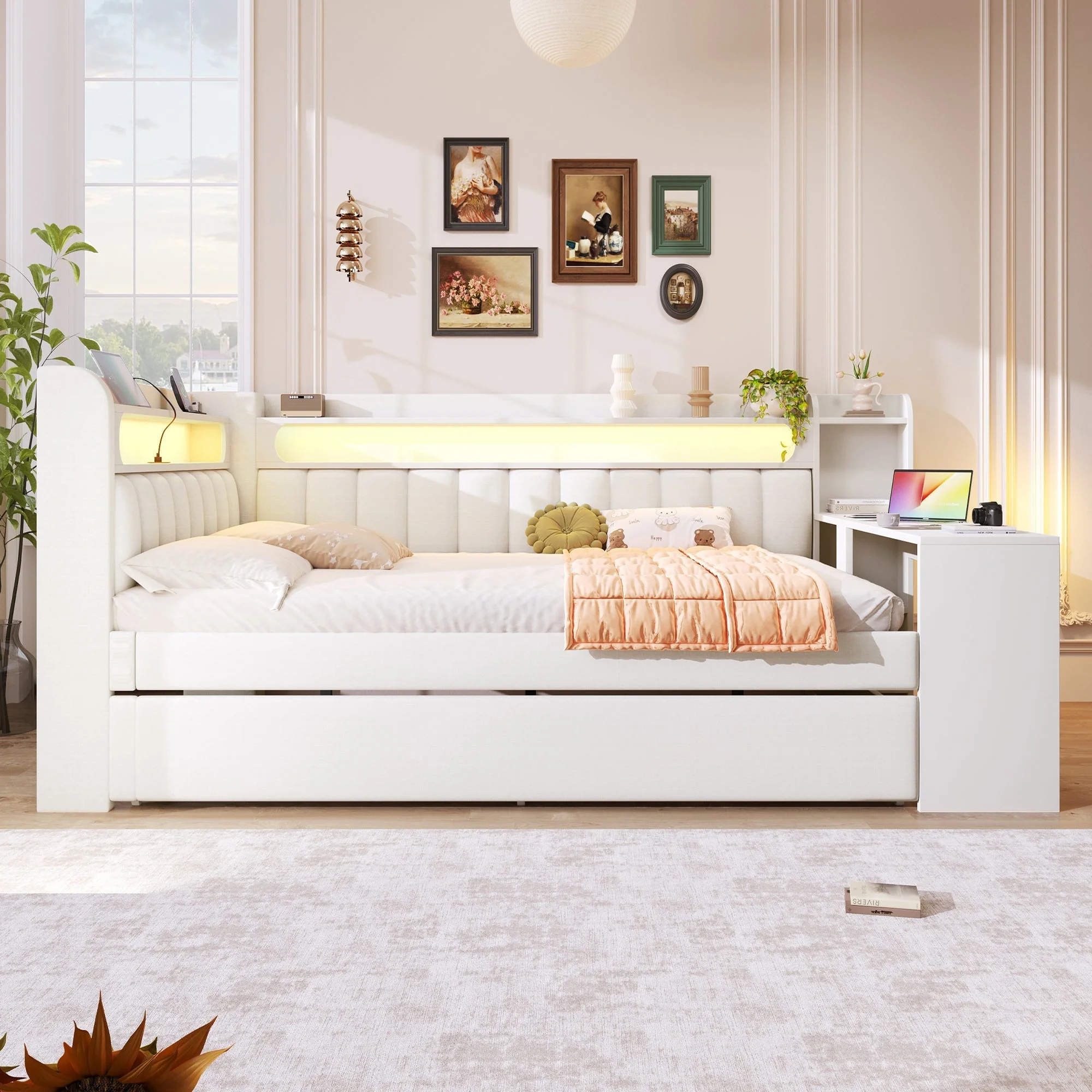 Upholstered Daybed 140x200 with USB, LED, Pull-Out Bed and Desk, White - Image 2