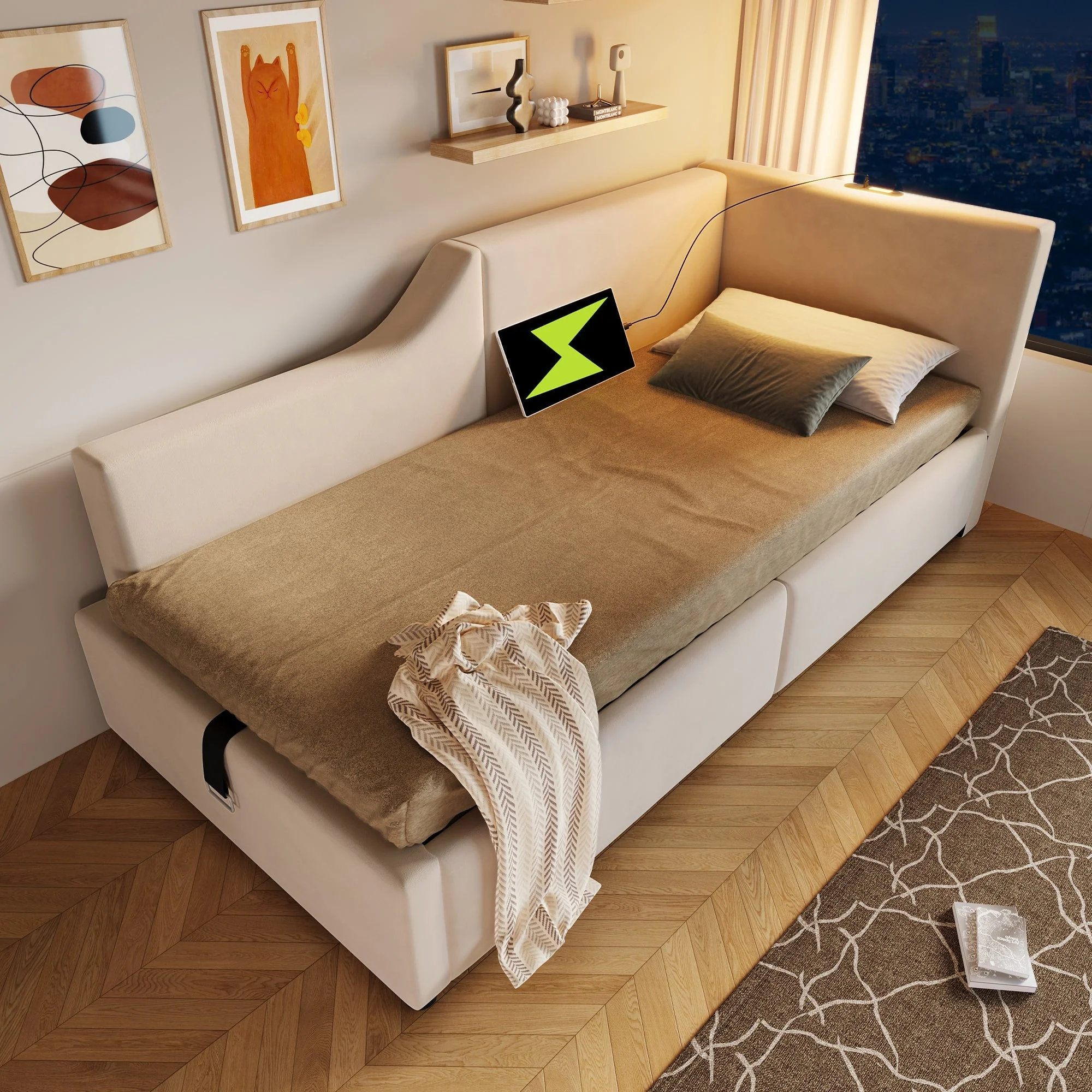 Upholstered Daybed, 90x190cm Sofa Bed with Hydraulic Storage & USB-C, Velvet Beige - Image 10