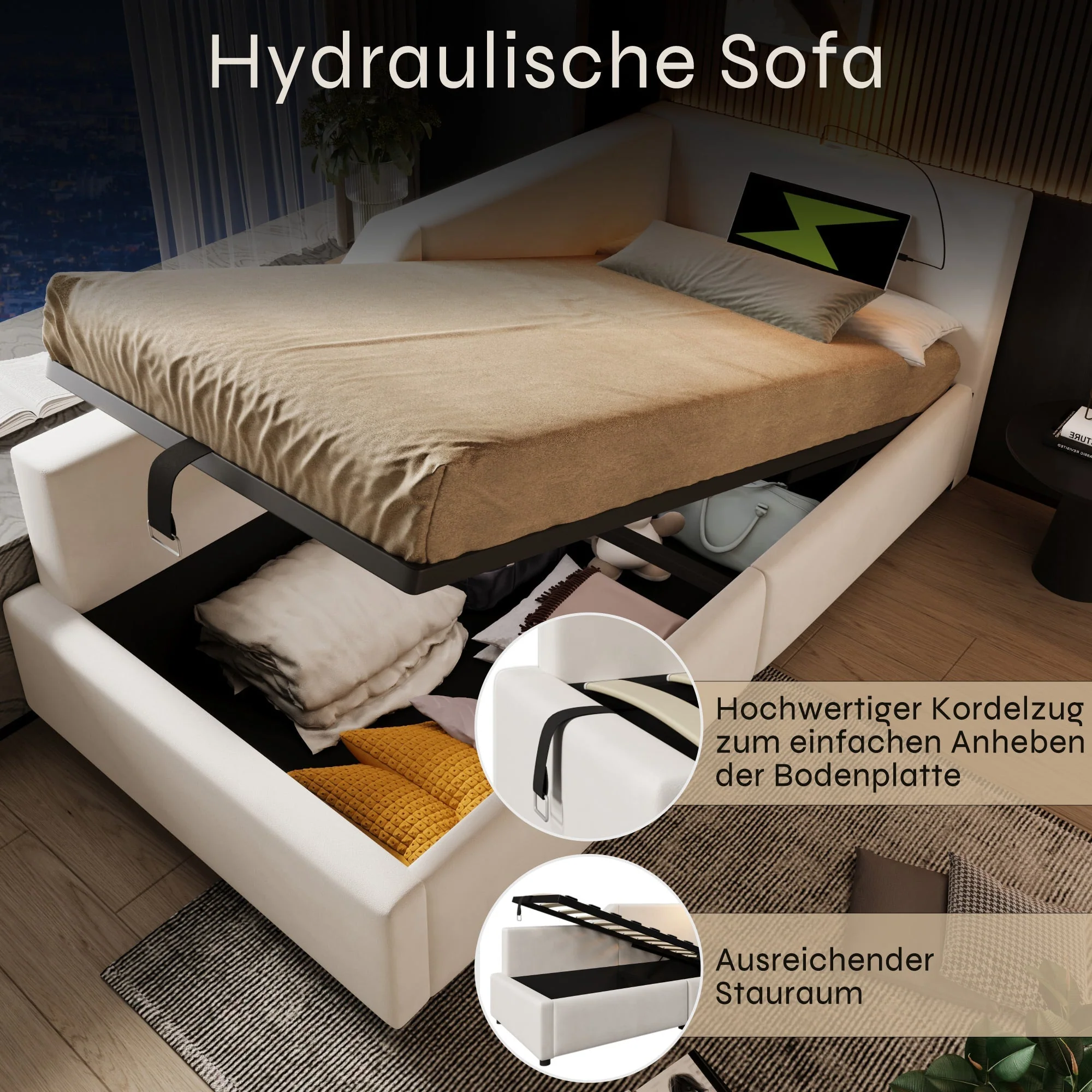 Upholstered Daybed, 90x190cm Sofa Bed with Hydraulic Storage & USB-C, Velvet Beige - Image 4