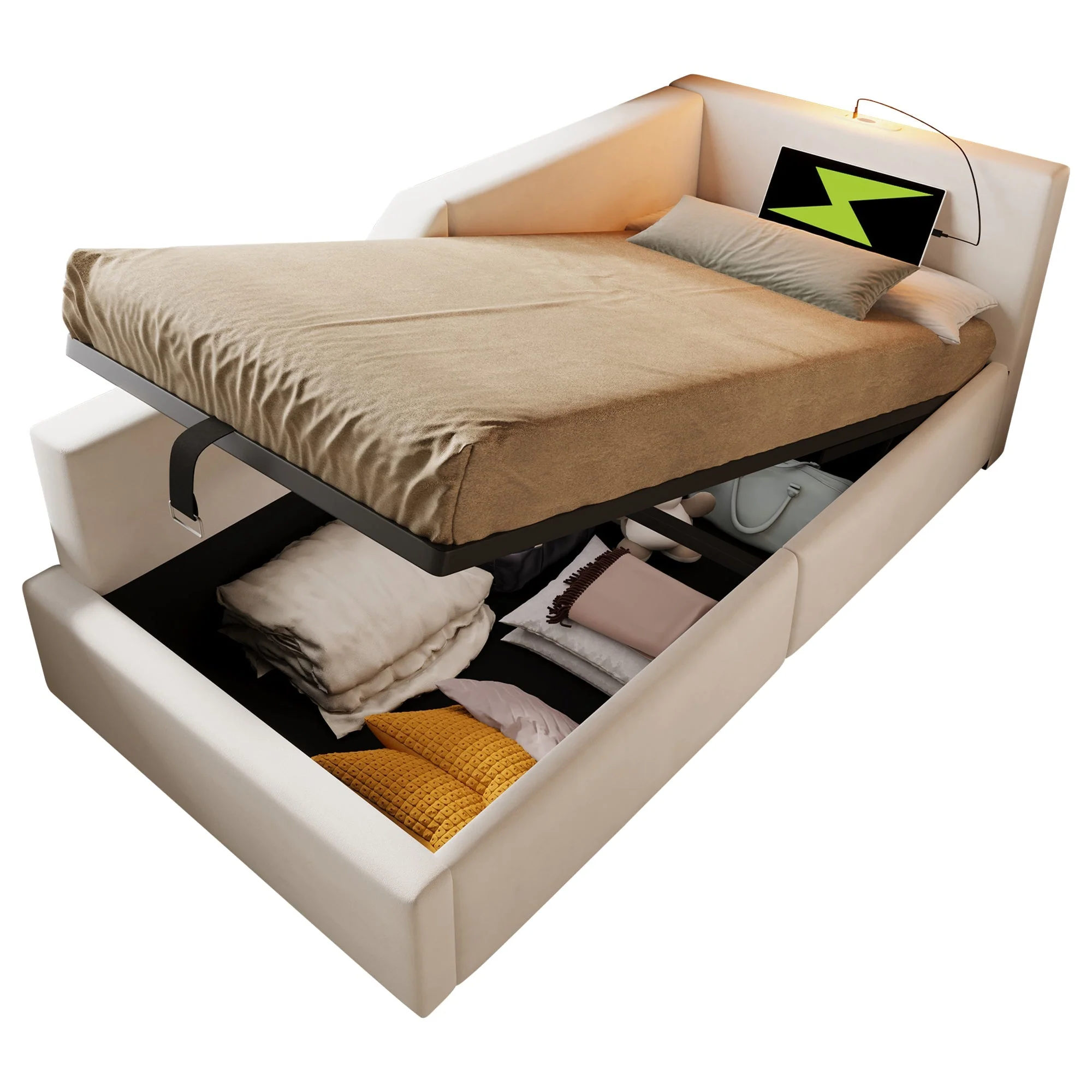 Upholstered Daybed, 90x190cm Sofa Bed with Hydraulic Storage & USB-C, Velvet Beige - Image 6