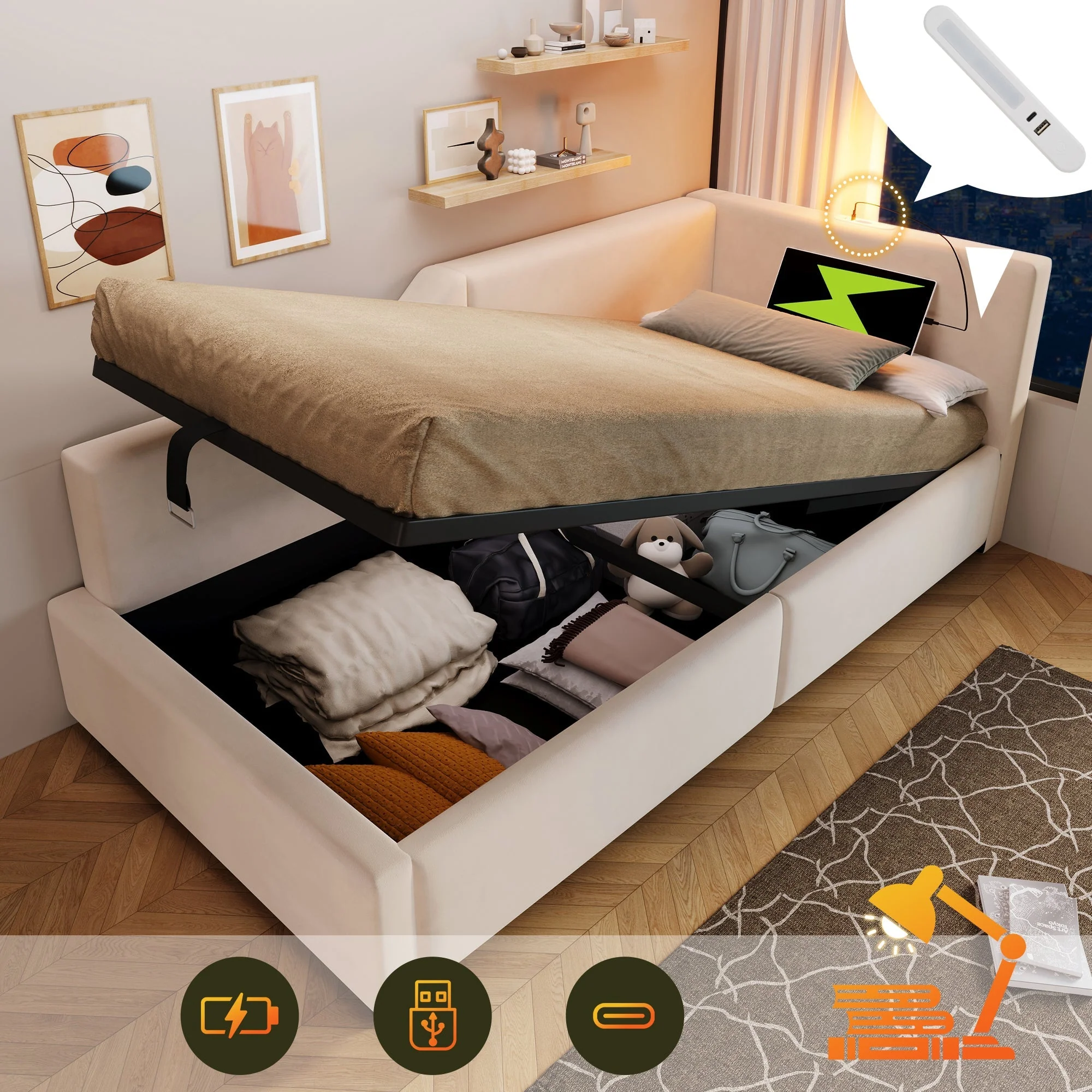 Upholstered Daybed, 90x190cm Sofa Bed with Hydraulic Storage & USB-C, Velvet Beige - Image 7