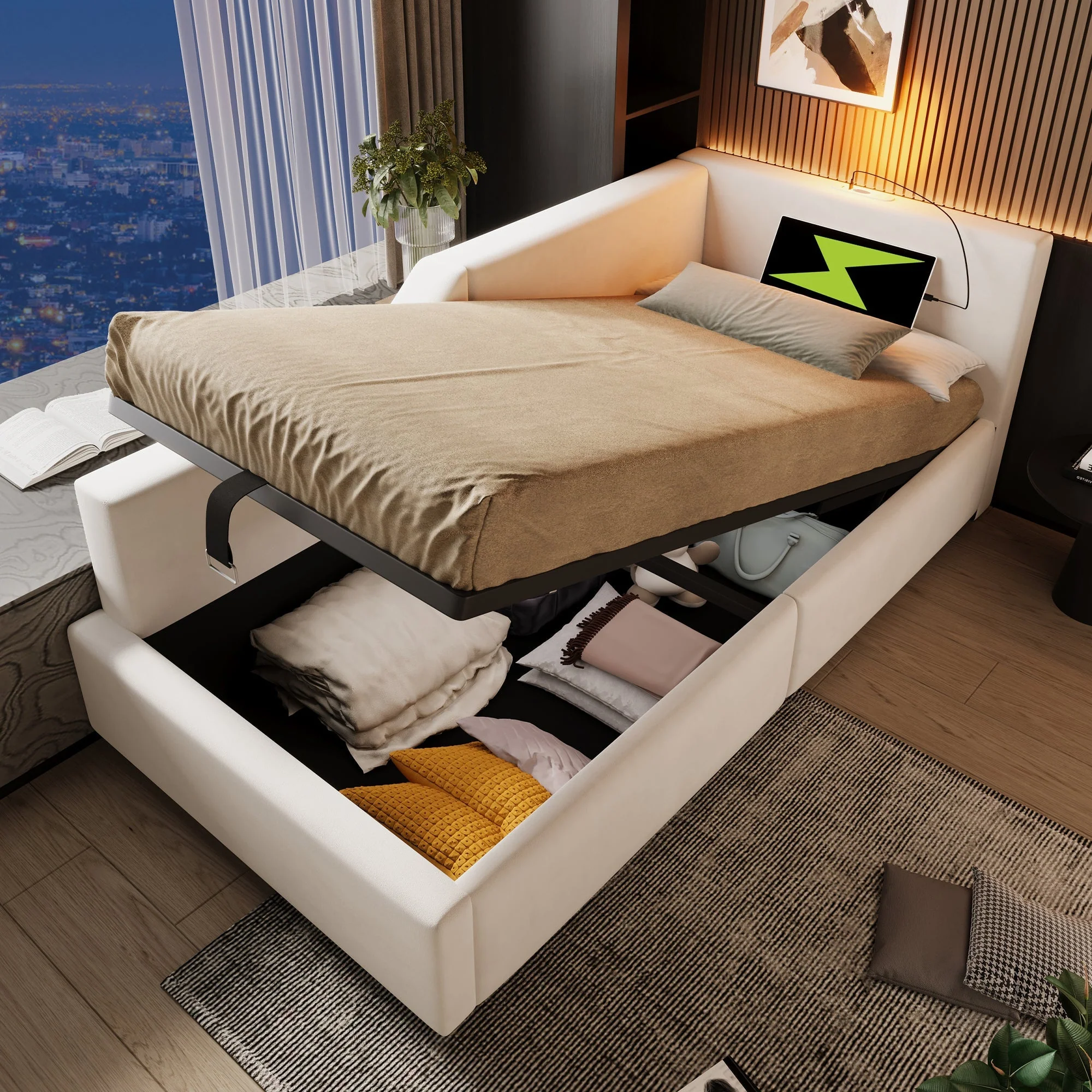 Upholstered Daybed, 90x190cm Sofa Bed with Hydraulic Storage & USB-C, Velvet Beige - Image 8