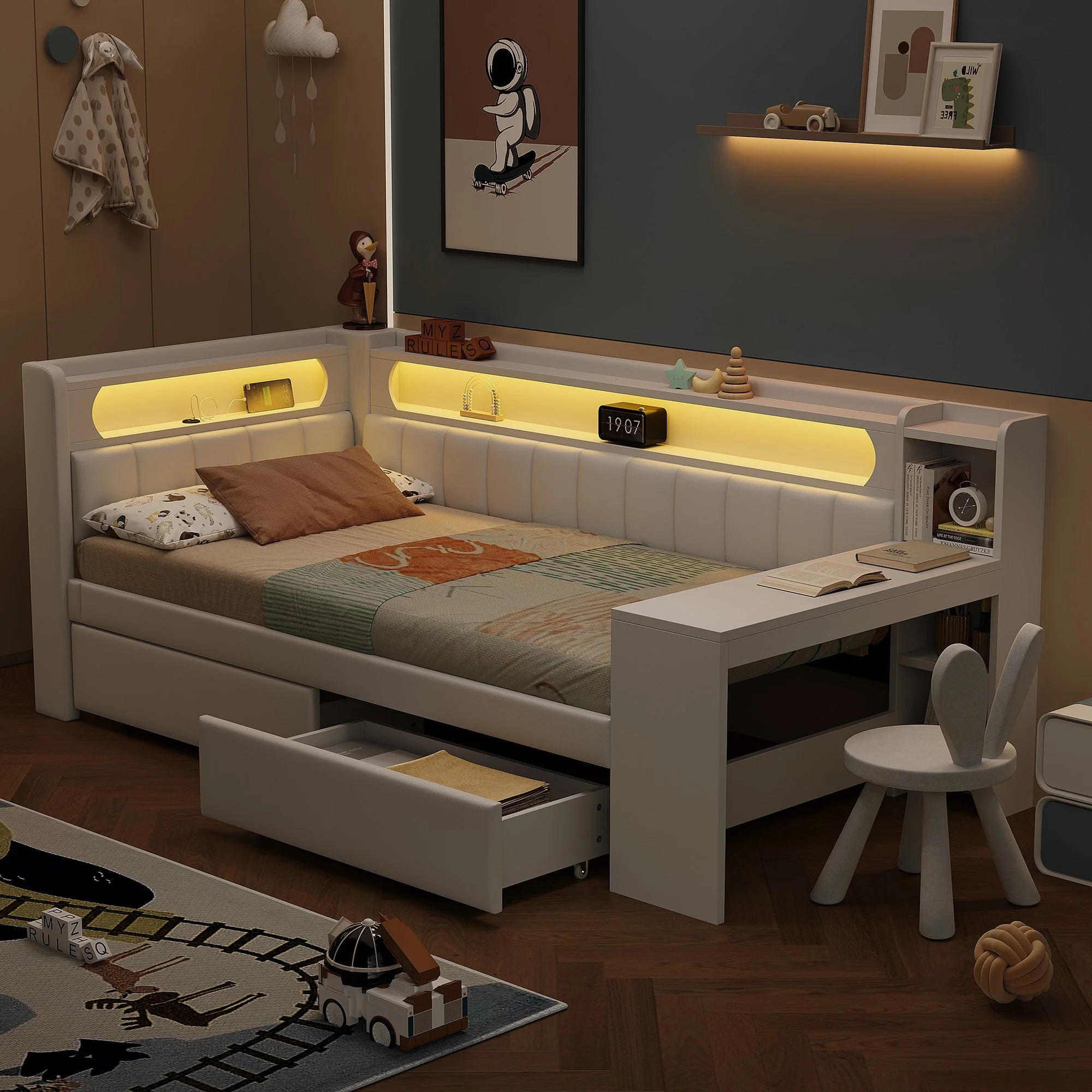Upholstered Daybed 90x200 with Desk, LED Light, USB Port & 2 Drawers, White