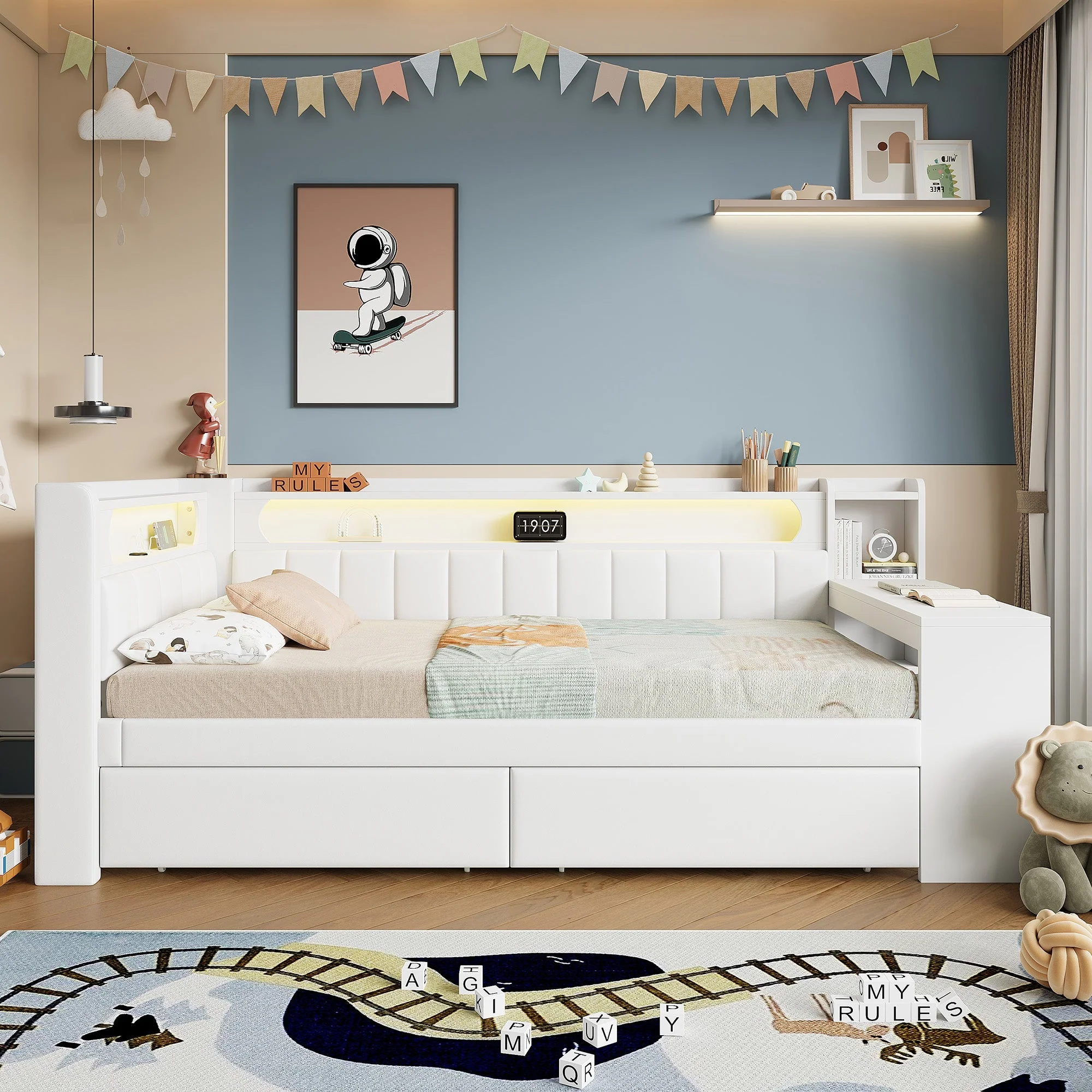 Upholstered Daybed 90x200 with Desk, LED Light, USB Port & 2 Drawers, White - Image 2