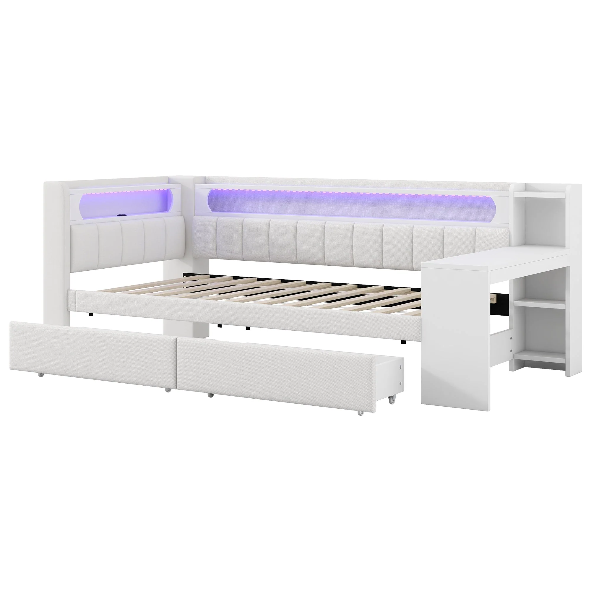 Upholstered Daybed 90x200 with Desk, LED Light, USB Port & 2 Drawers, White - Image 7