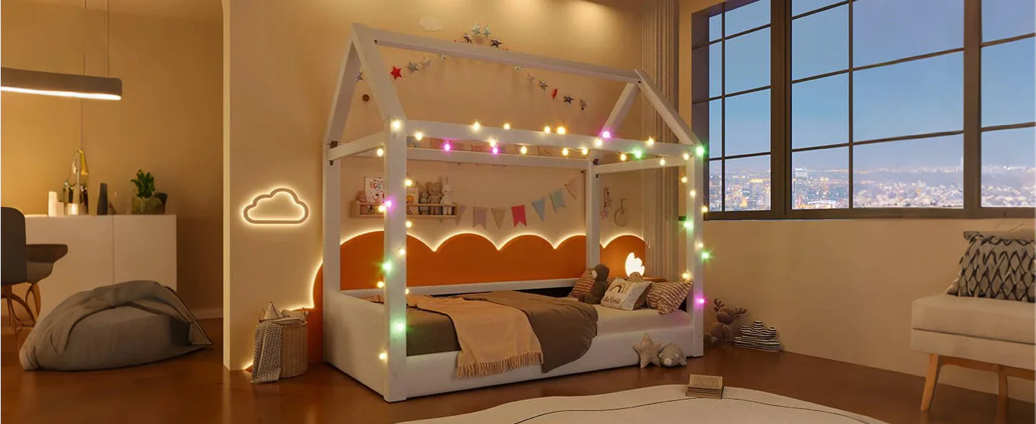 Upholstered Daybed 90x200cm LED Light Strips - Beige - Image 6