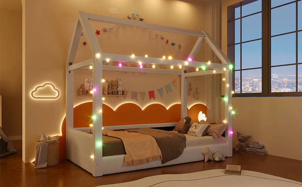 Upholstered Daybed 90x200cm LED Light Strips - Beige - Image 8