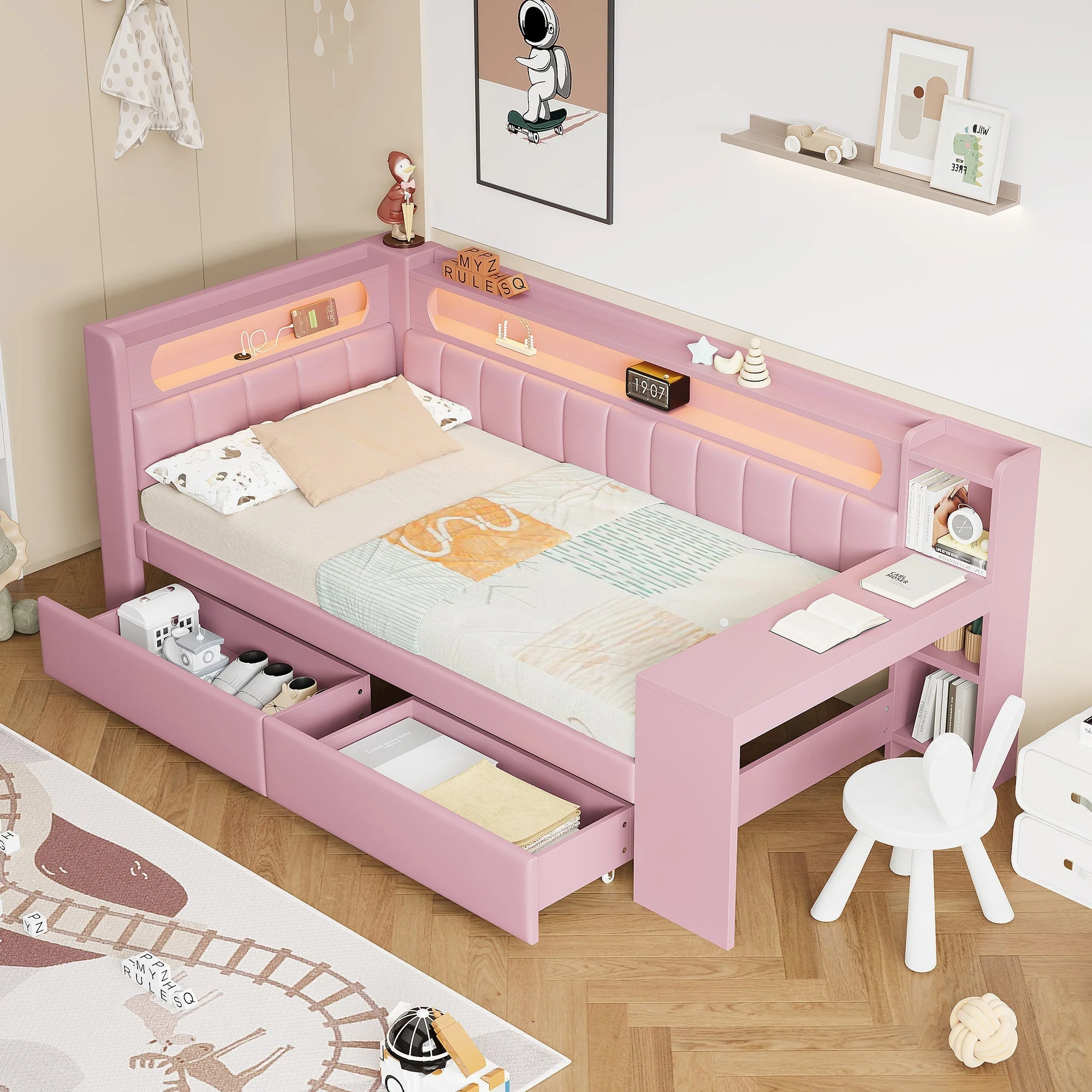 Upholstered Daybed 90x200cm USB LED Desk 2 Drawers - Pink - Image 3