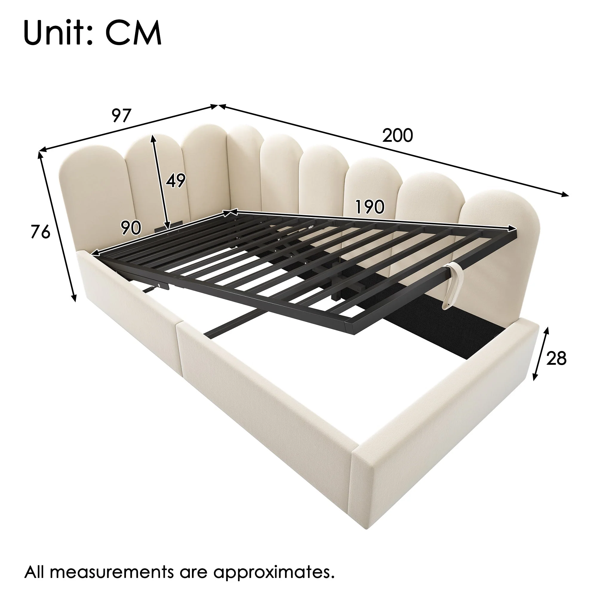 Upholstered Daybed Sofa Bed 90x190cm Hydraulic Storage Metal Slatted Base, Beige Velvet - Image 2