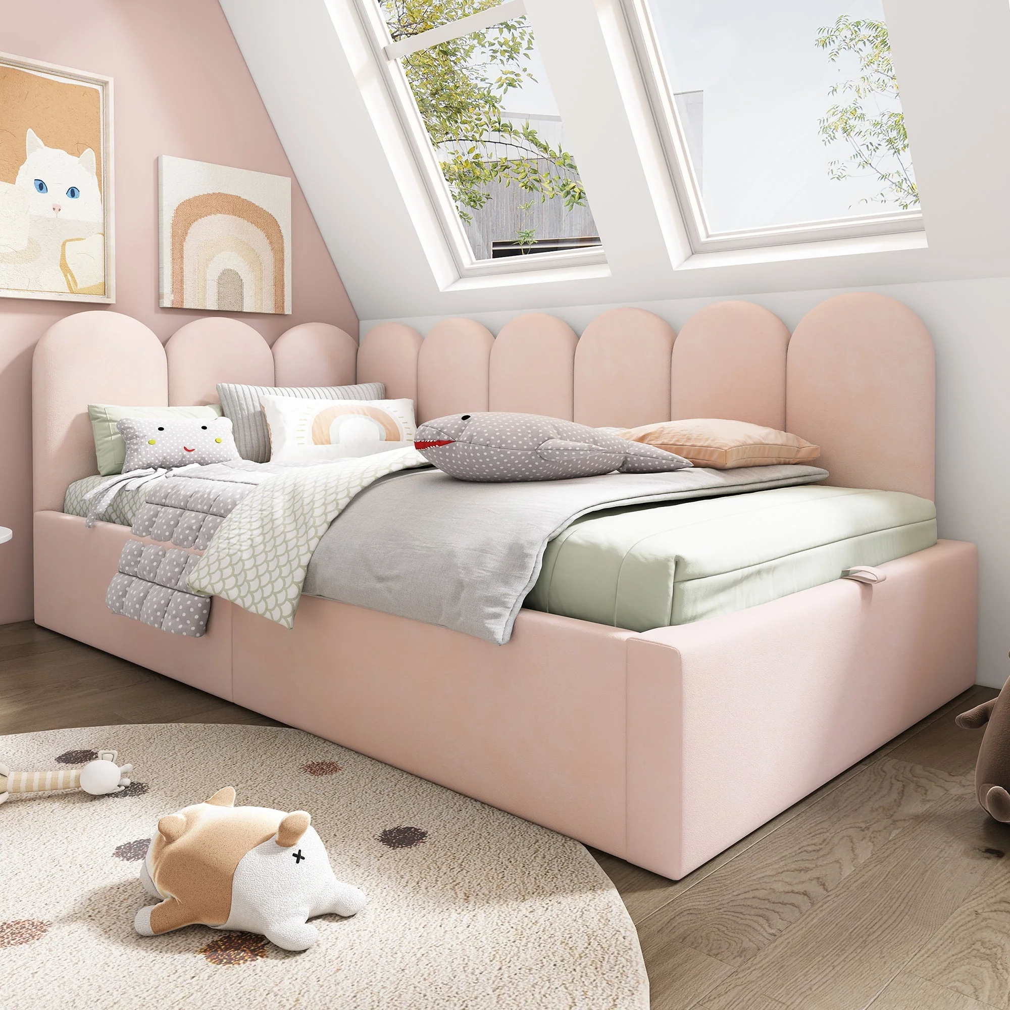 Upholstered Daybed Sofa Bed 90x190cm Hydraulic Storage Metal Slatted Base Velvet Pink - Image 4
