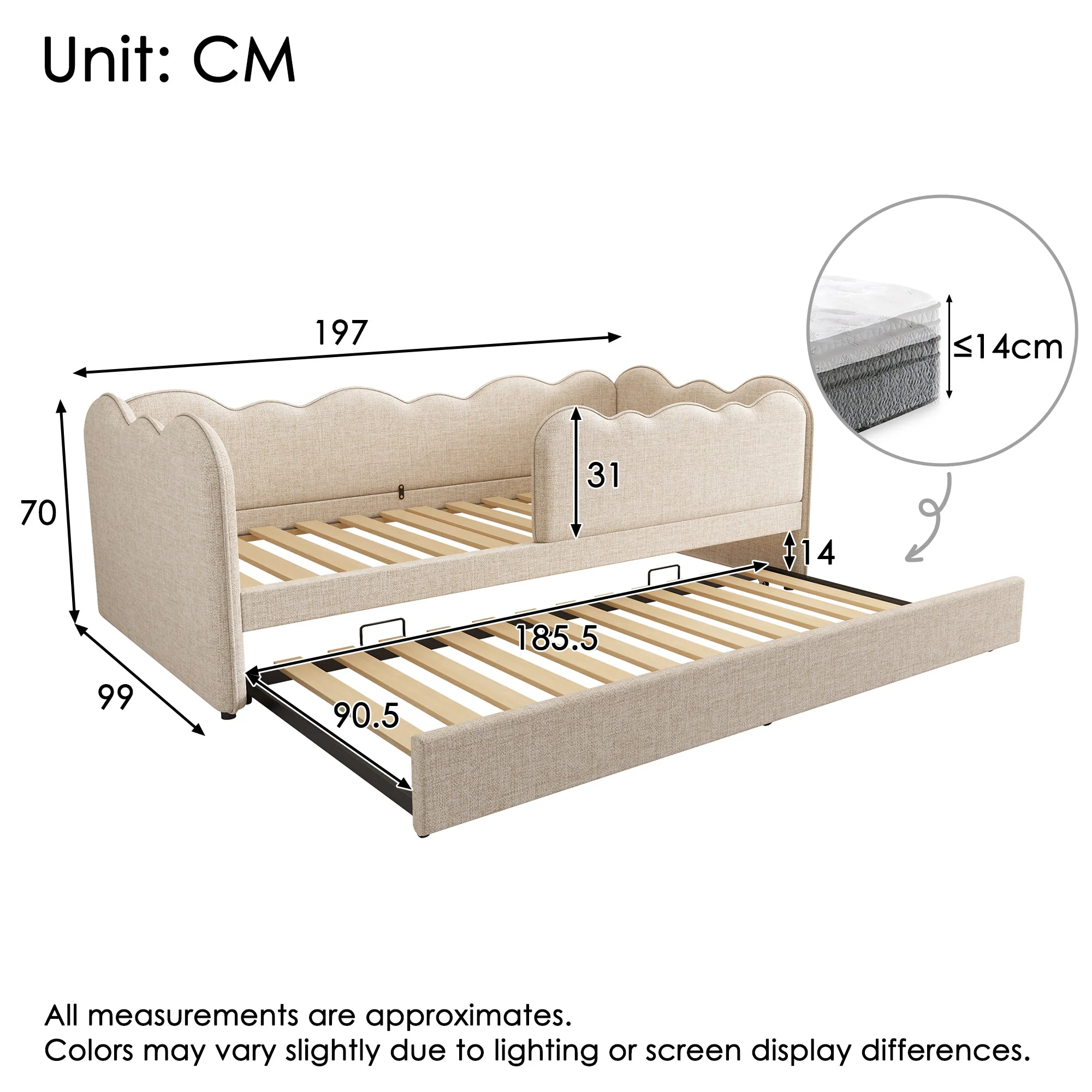 Upholstered Daybed Sofa Bed 90x190cm, Pull-out Bed Slatted Base, Linen Beige - Image 2