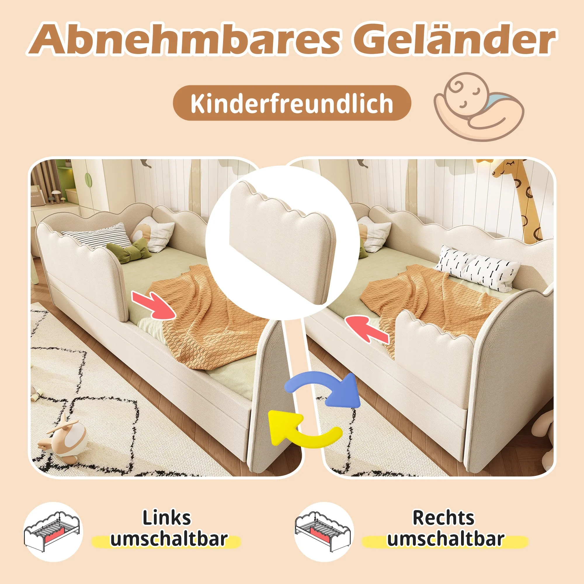 Upholstered Daybed Sofa Bed 90x190cm, Pull-out Bed Slatted Base, Linen Beige - Image 3