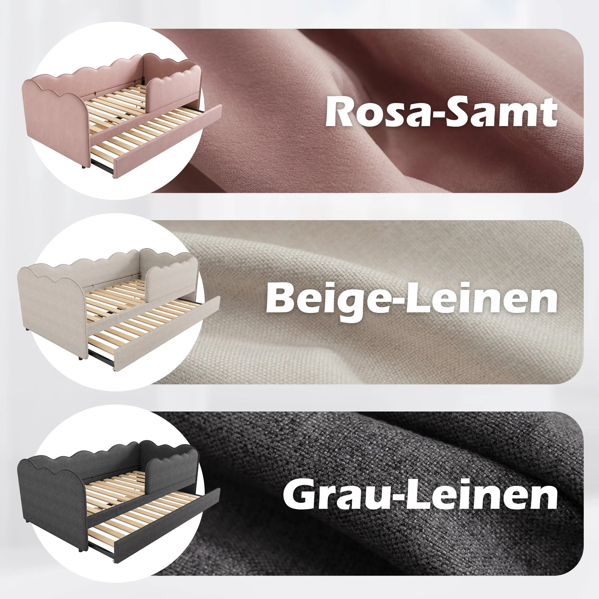 Upholstered Daybed Sofa Bed 90x190cm, Pull-out Bed Slatted Base, Linen Beige - Image 4