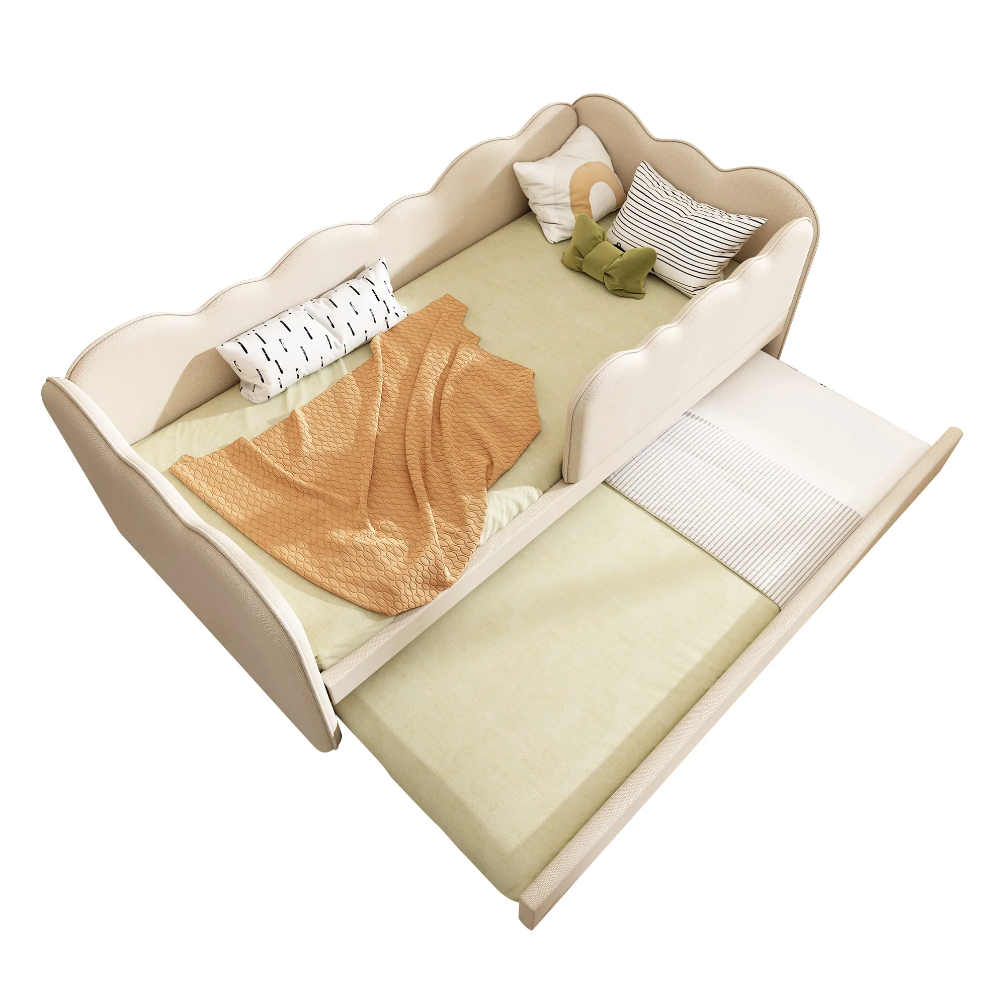 Upholstered Daybed Sofa Bed 90x190cm, Pull-out Bed Slatted Base, Linen Beige - Image 6